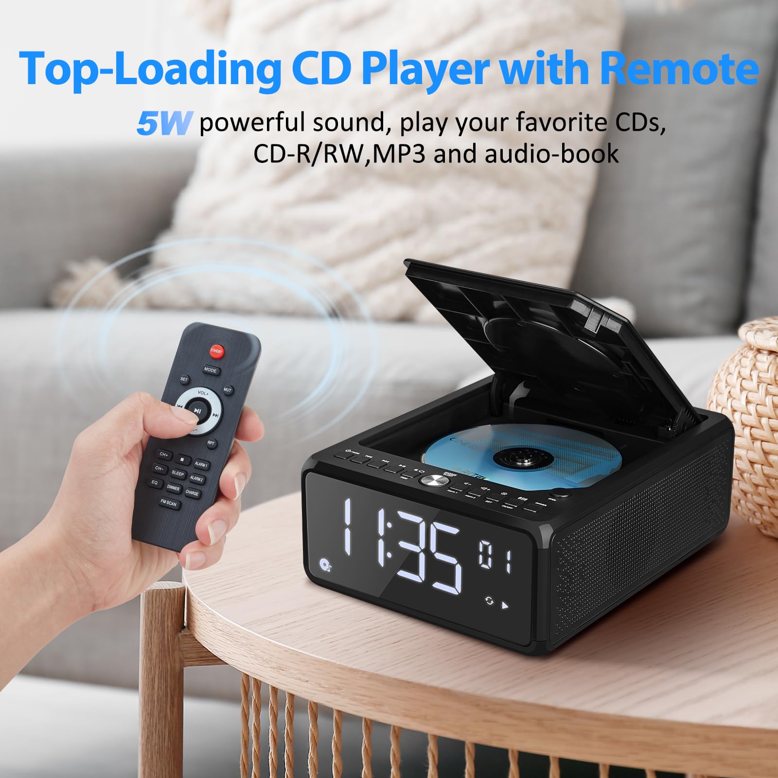 Gelielim Elegante reproductor de CD para el hogar, reloj despertador con carga inalámbrica, boombox Bluetooth con control remoto, radio FM (sin AM)/AUX/USB/temporizador/regulador, reproductor de CD