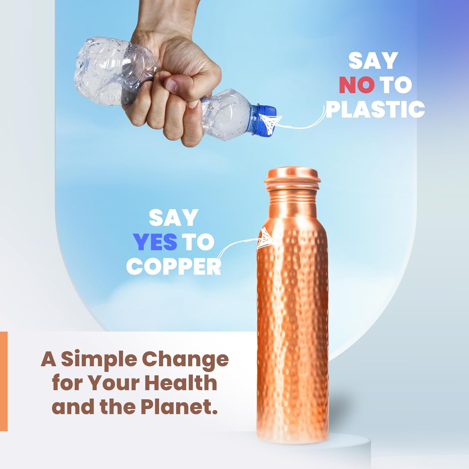 Copper Water Bottle - 32 Oz Pure Copper Water Bottle for Drinking Hammered Finish Design - Leak-Proof, Travel-Friendly, Wide Mouth - Image 6