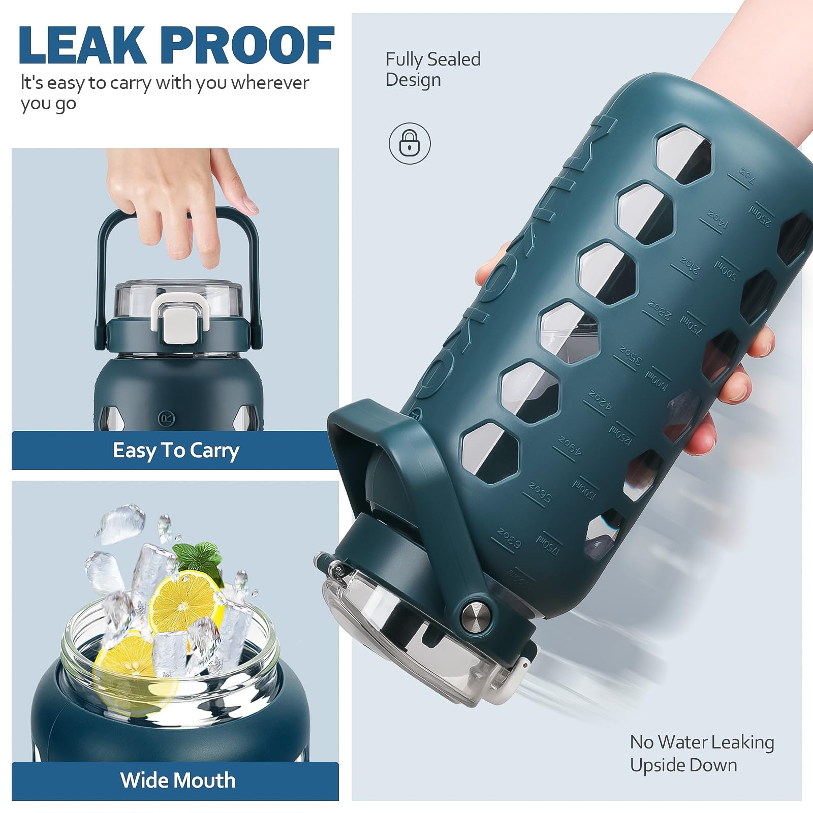 MUKOKO Glas-Wasserflaschen mit Strohhalm und Deckel, motivierender Wasserkrug mit Zeitmarkierungs-Erinnerung und Silikonhülle, 100 % auslaufsicher, BPA-frei, für Fitness, Sport, große Flasche, Blau