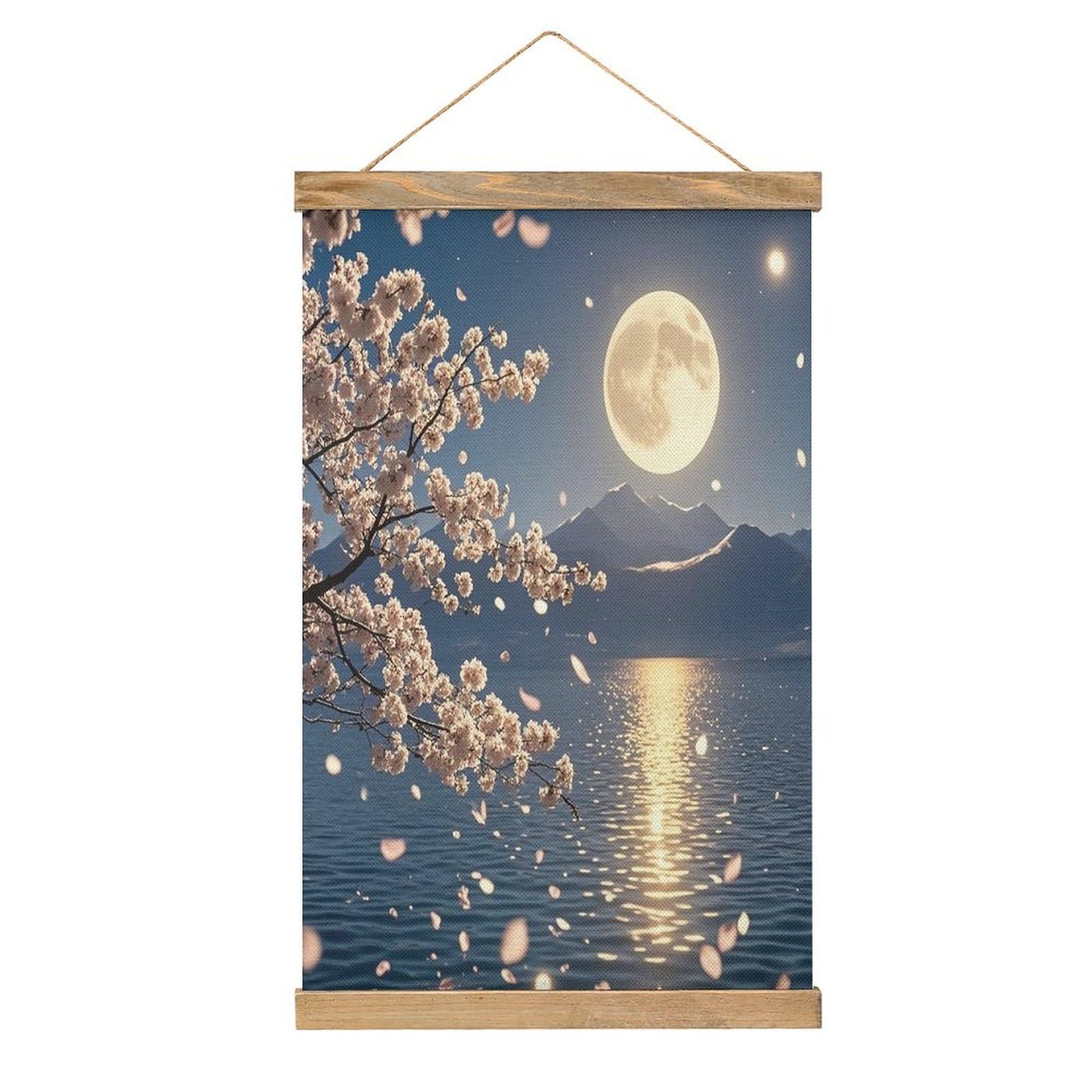 VstaDank Bright Moon Hangs High Hanging Poster with Wooden Frame Modern Linen Hanging Painting Retro Style Wall Decor Art Painting for Living Room,Bedroom Decor Poster Frame 20.4x13.1inch