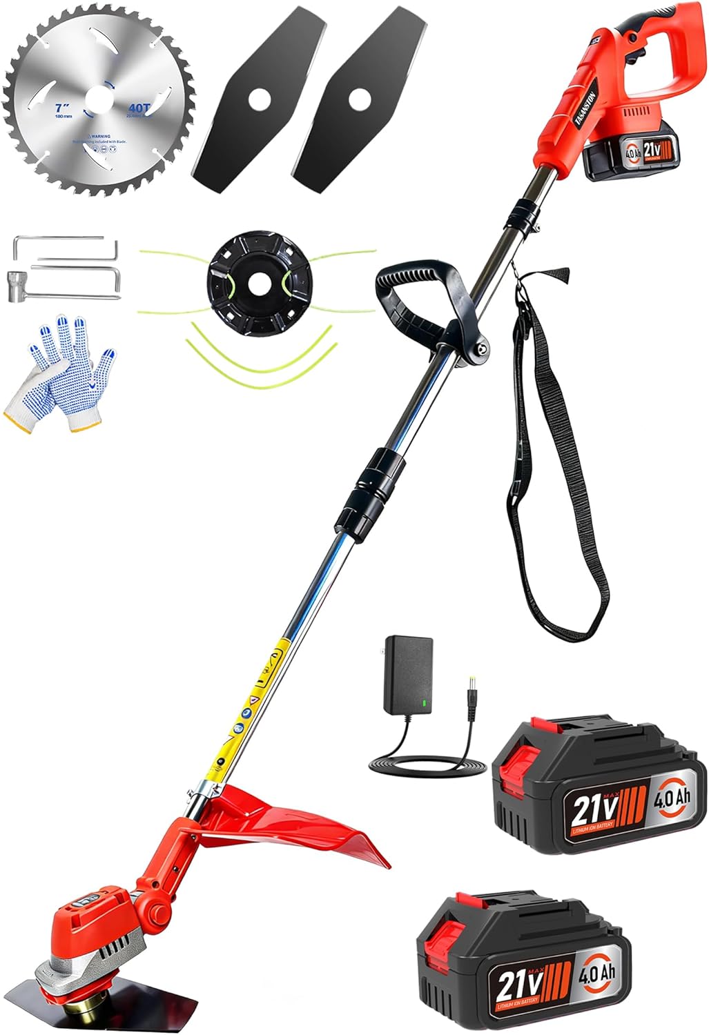12" Brushless Cordless Weed Wacker, Fits .095" Trimmer Line, 21V Battery Powered Electric Weed Eater with 2X 4.0Ah Batteries, Metal Blade & Shoulder Strap, 3-in-1 Grass Trimmer Brush Cutter lawn edger