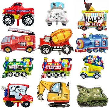LZYMSZ 12PCS Aluminum Foil Balloons, Reusable Helium Mylar Cars Balloon, 12 Style Vehicles Balloons for Child kids Birthday Party Supplies Cute Baby Shower Decorations