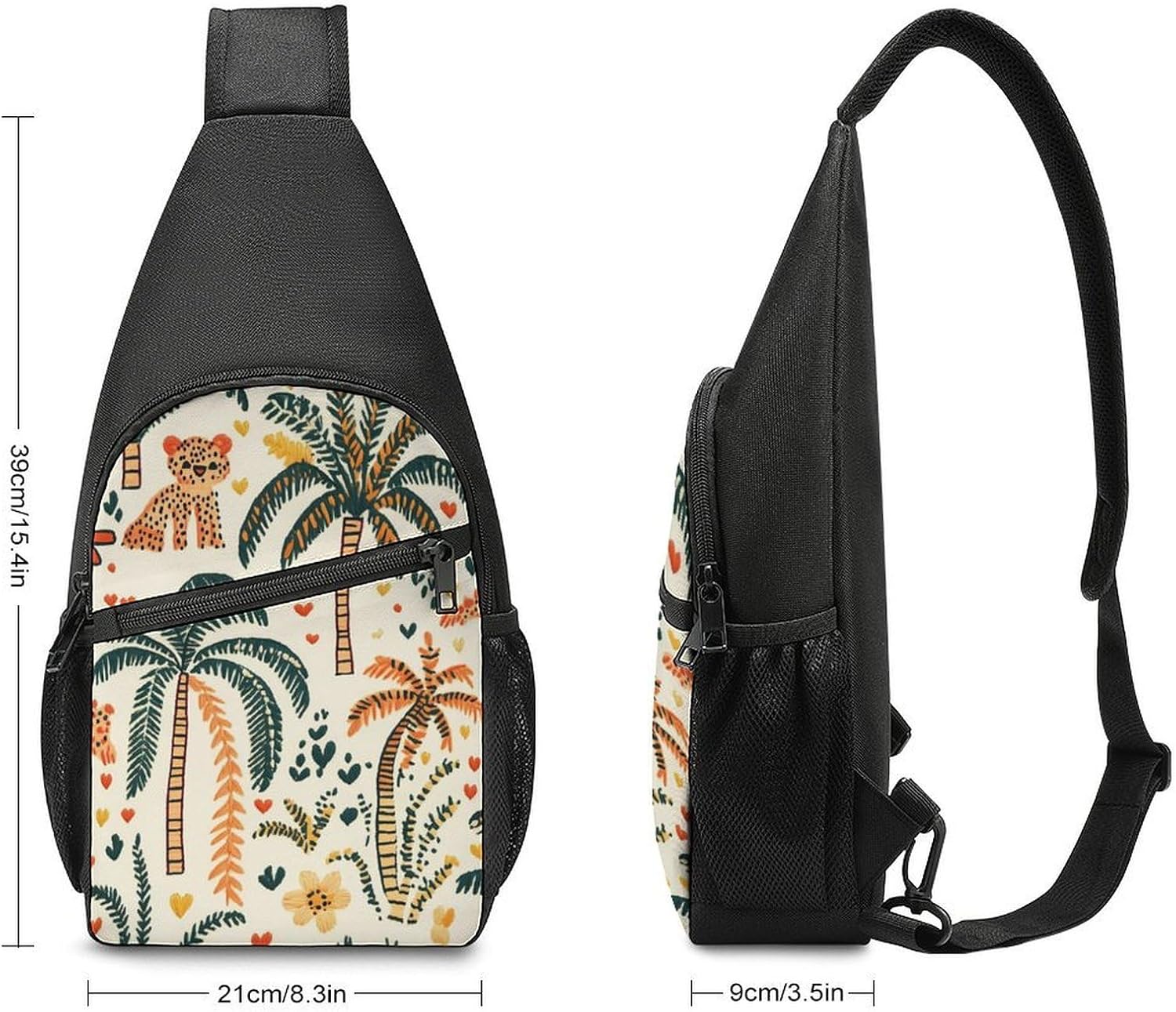 Tropical Palms Tree Leopards Crossbody Sling Backpack Chest Bag Daypack | unisex,trendy,with convertible and detachable shoulder strap,side pockets