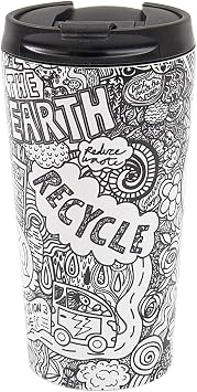 ECO CHIC Reusable Thermal Coffee Cup Stainless Steel Leakproof Insulated 330ml Travel Mug Save the Planet B&W