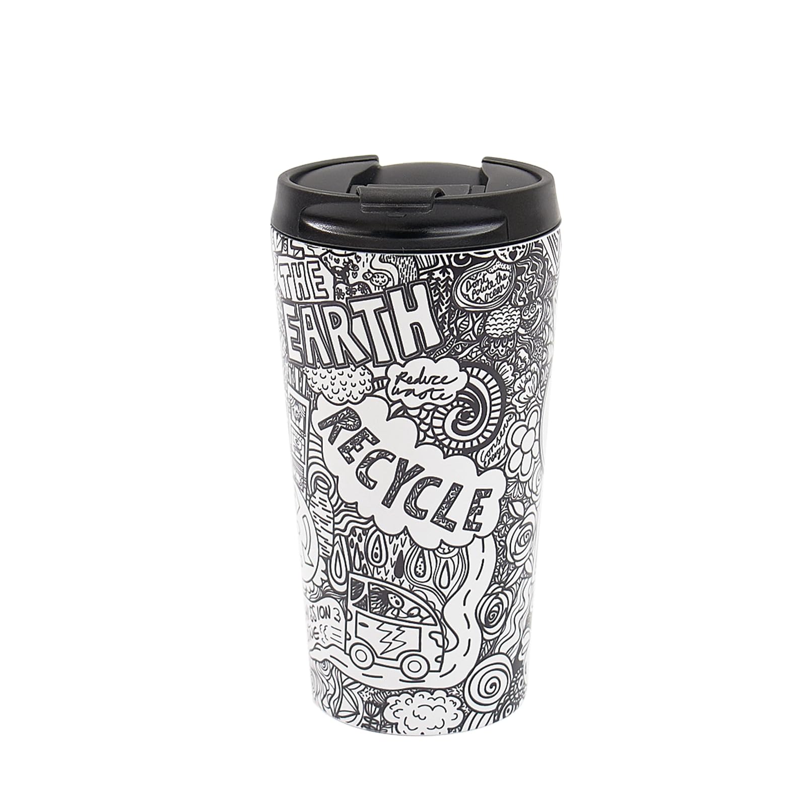 ECO CHIC Tazza da caffè termica riutilizzabile in acciaio inox a tenuta stagna isolata 330 ml tazza da viaggio (Save The Planet B & W)
