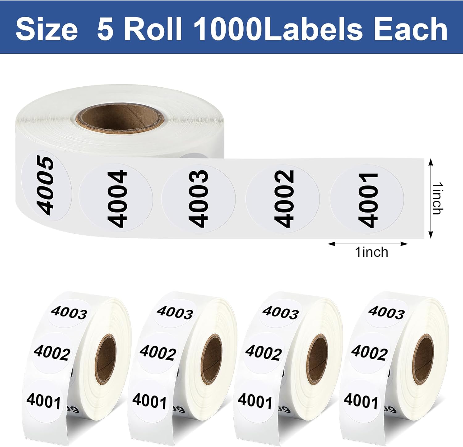 5 Rolls Consecutive Number 0001 to 5000 Label Bundle - 5000 PCS 1" White Round Sequential Number Label Stickers for Inventory Counting, Warehouse or Factory, 1000 Count/Roll