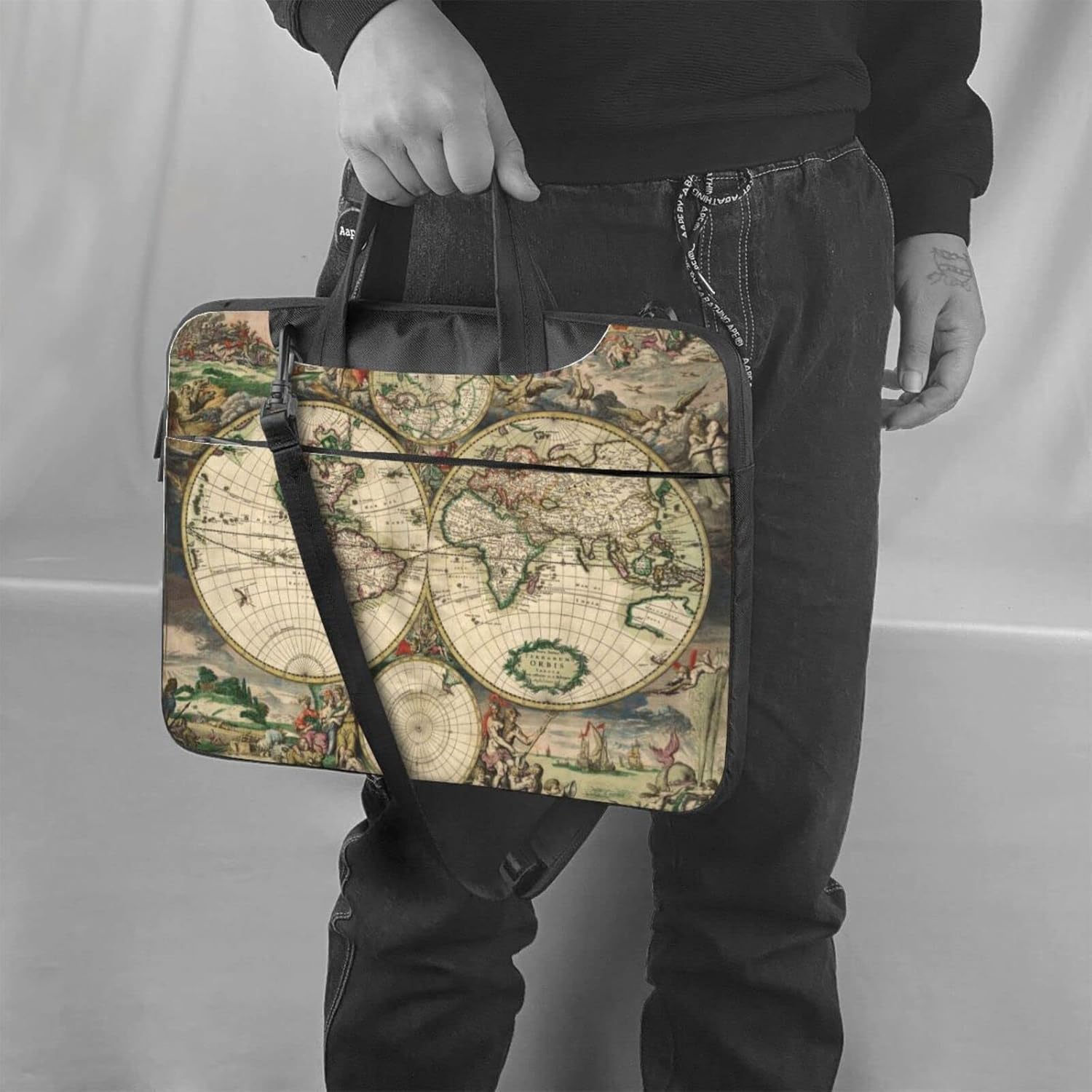 Vintage World Map Printed Laptop Bag Tote Shoulder Briefcase Messenger Bag For Unisex Business Office Work Bag
