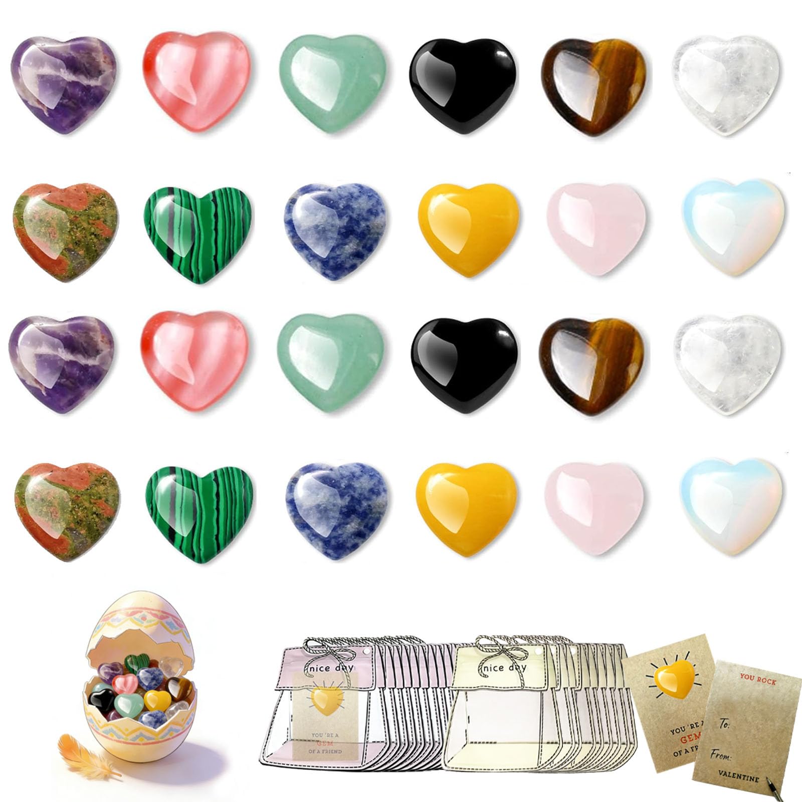 24Pcs Easter Egg Filler Easter Basket Stuffers for Teens Toddler, Heart Gems, Natural Crystal Heart Stones Party Favors Classroom Exchange, Pocket Hug