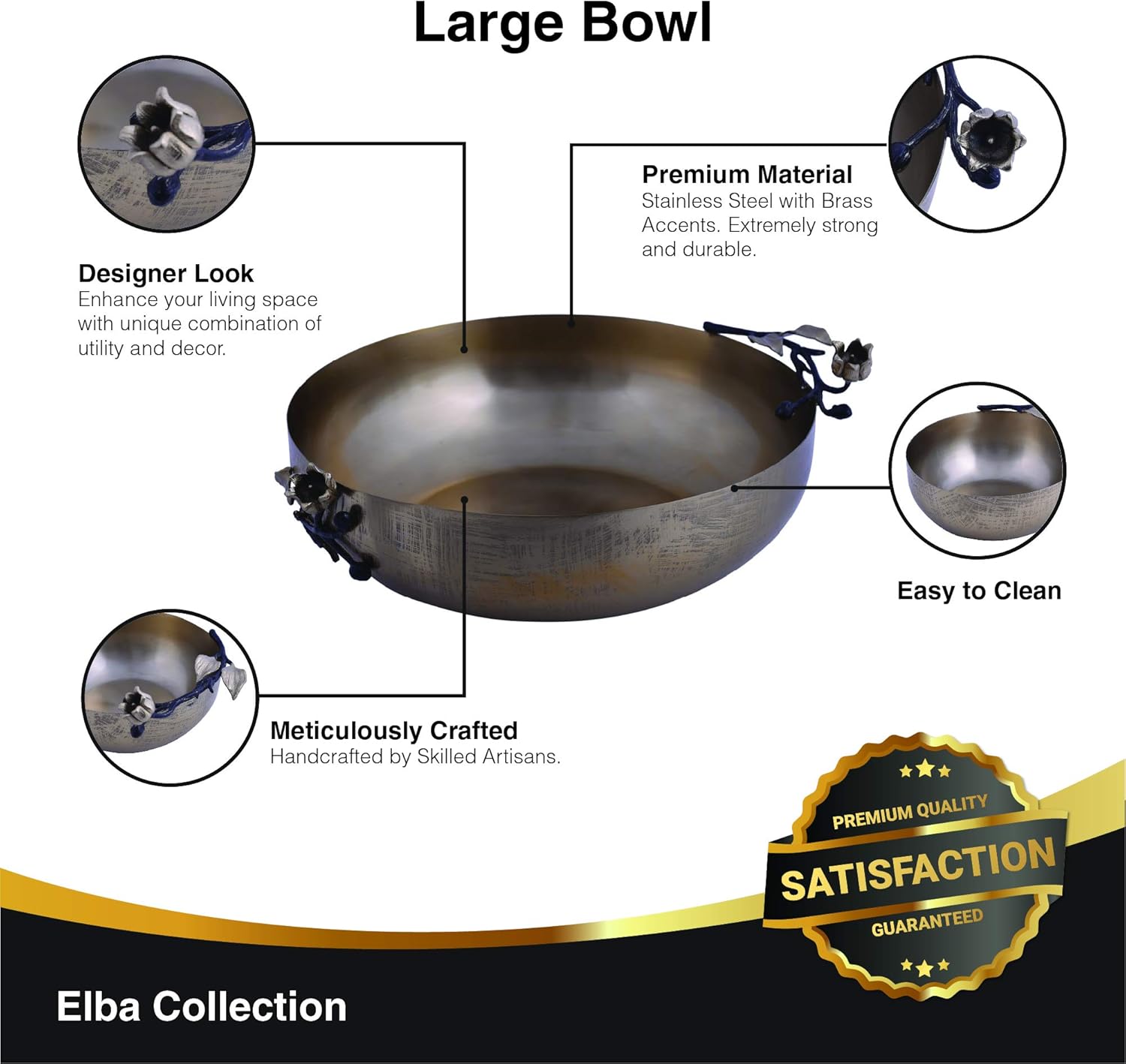 Decozen Decorative Bowl with Orchid Flower Shaped Accent - Serving Dish for Fruit Salad Popcorn Chips - Kitchen Counter Home - Serveware & Condiment Caddy - Fruit Bowl Serving Bowl - Large