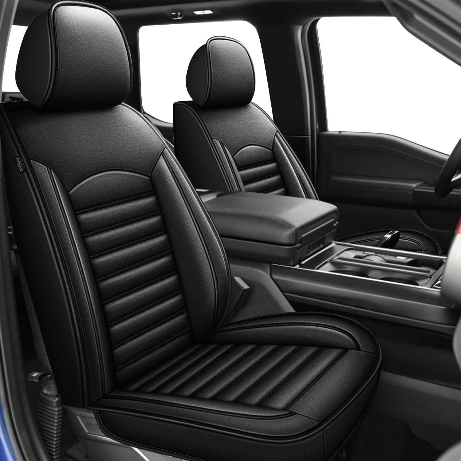 Seat Covers for Ford F150/F-150 2009-2024 2025 - F250/F350/F450 2017-2024 2025: 2PCS Front Faux Leather Car Seat Covers for Trucks(Front Pair, Blackline)