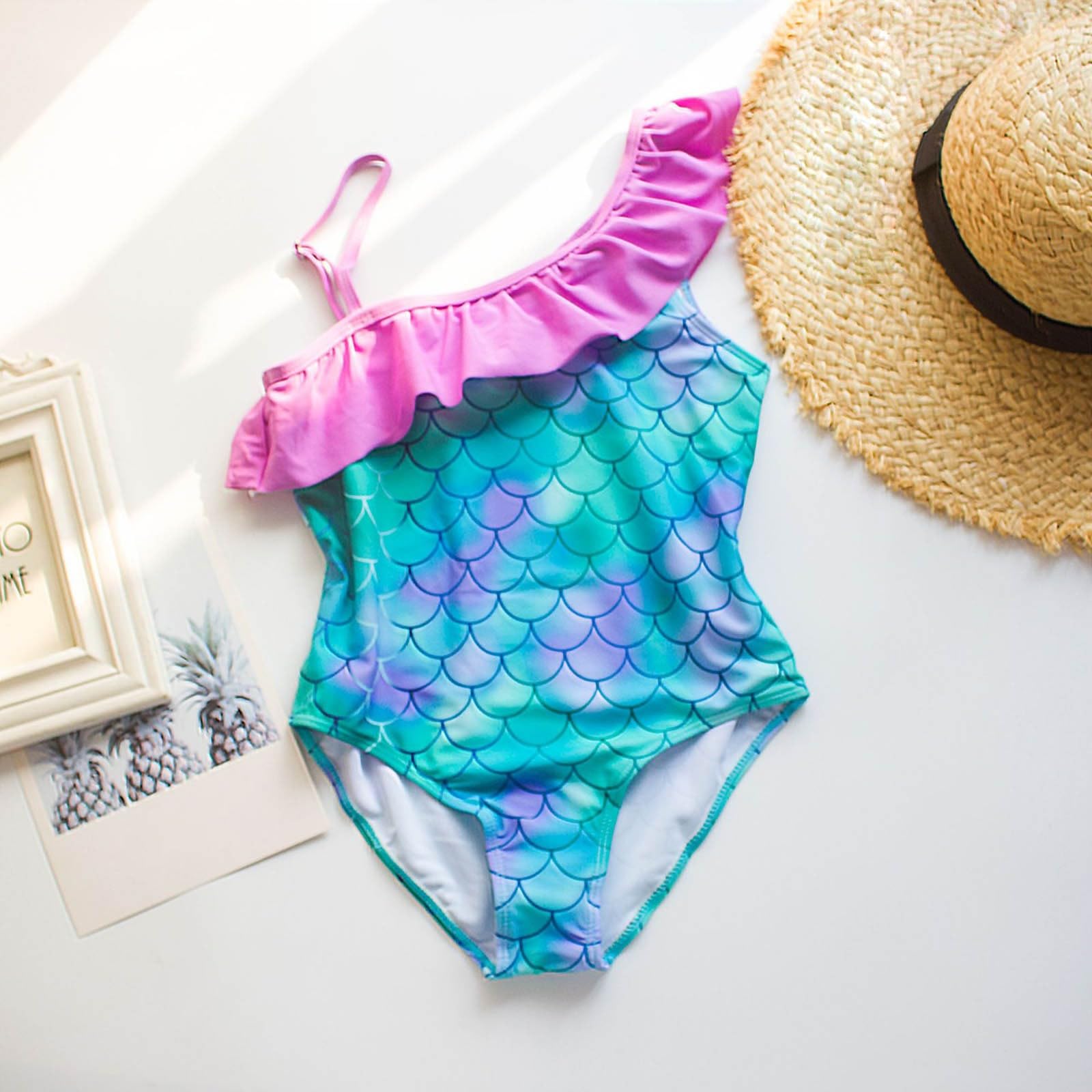 Traje de baño de niña adolescente traje de baño de una pieza traje de baño para niños verano Hawaian un hombro volantes traje de baño para