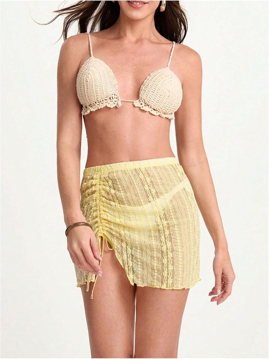 SHENHE Women's Elastic Waist Sheer Lace Ruched Side Tie Swimsuit Beach Bikini Cover Up Mini Skirt - Image 6