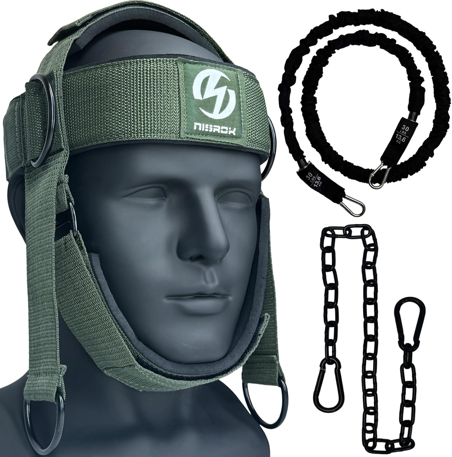 Neck Harness for Increases Neck Core Strength - Neck Exerciser with 30" Heavy Duty Steel Chain for Safely Lifting Weights Up to 280 lbs Green