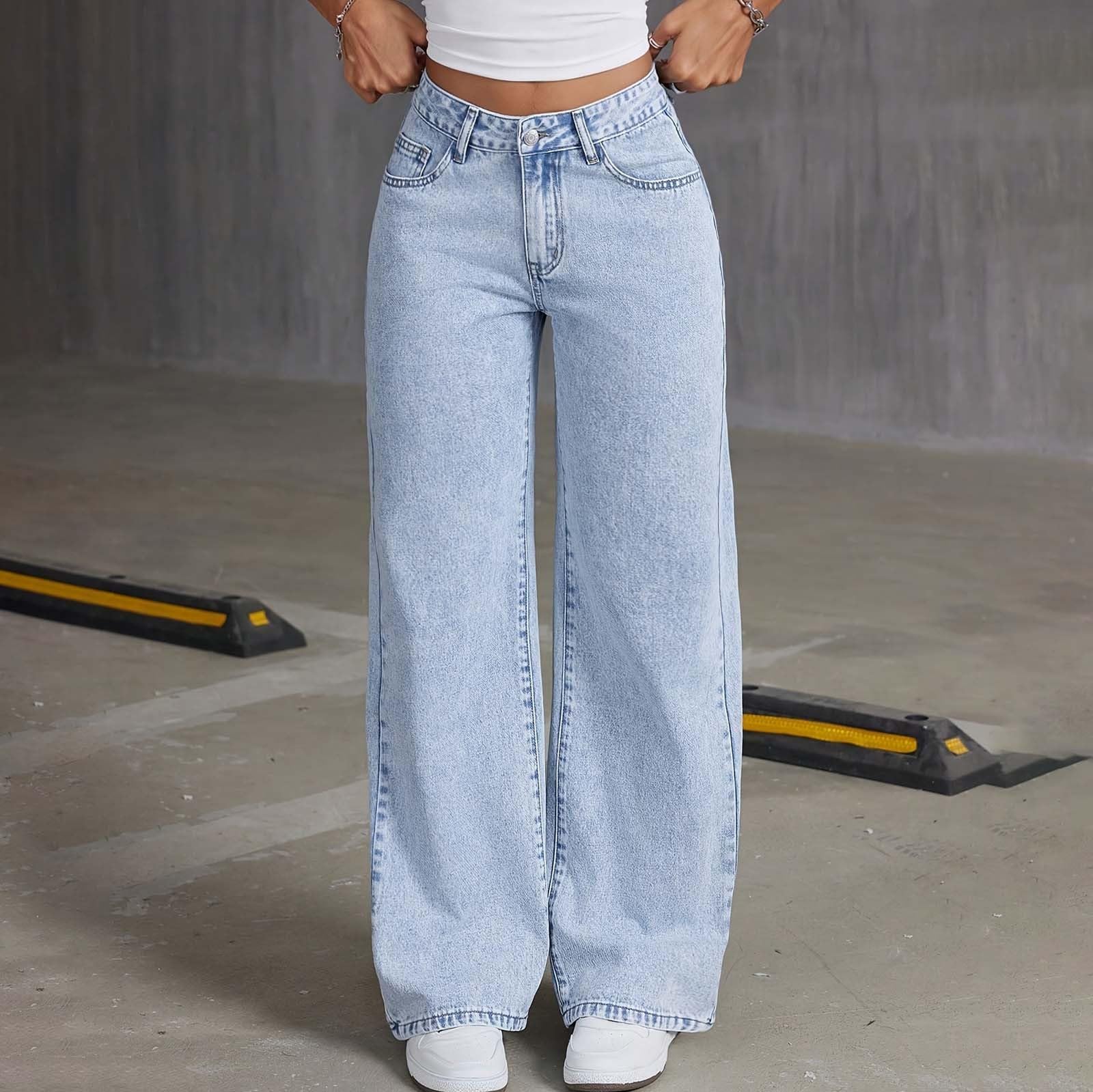 Pantaloni in Denim a Vita Alta Svasati per Ragazze Adolescenti con Tasche Posteriori Ricamate e Lavaggio a Fiocco di Neve, Design a Gamba Larga, Comodi Jeans Elasticizzati, Pantaloni Casual alla Moda