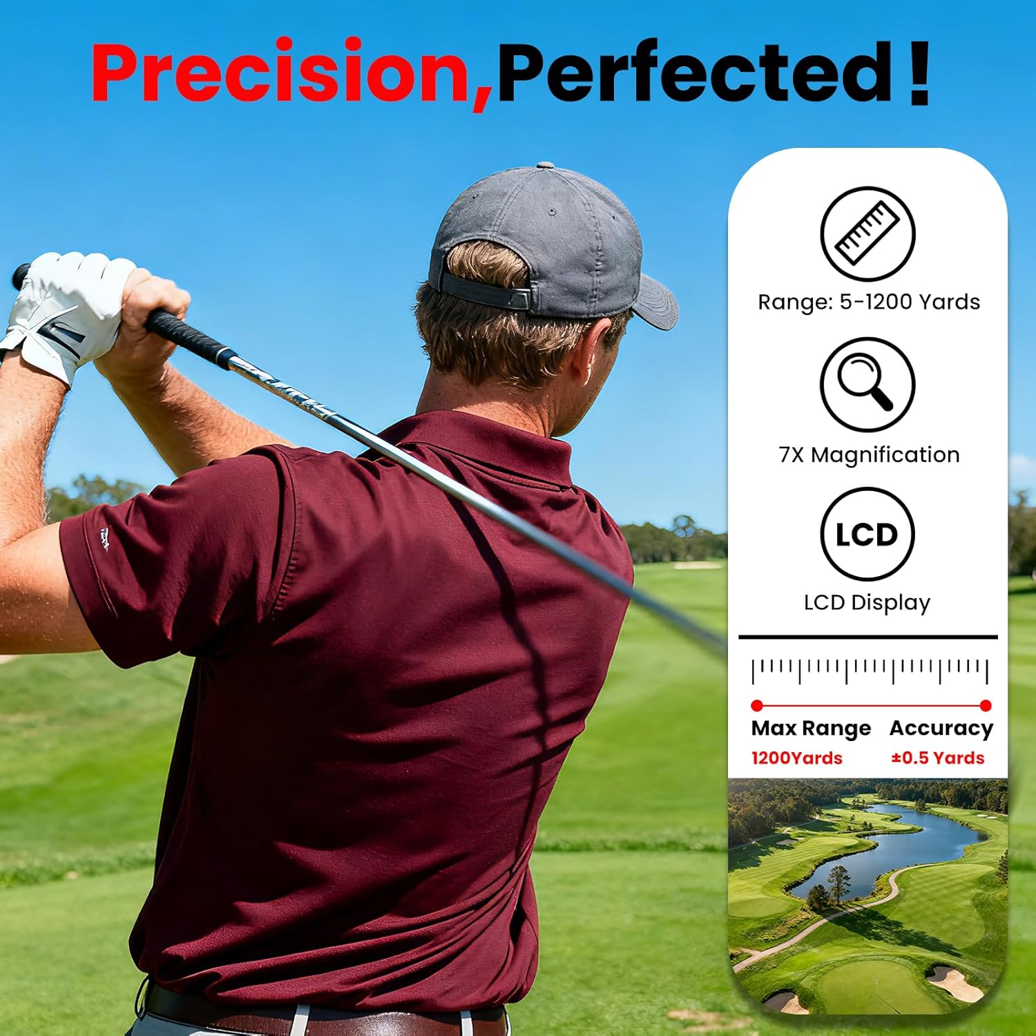 Golf Rangefinder with Slope | 1200 Yards High-Precision Laser Distance Meter | Flag-Lock with Vibration | 7X Magnification | Rechargeable with Magnetic Mount - Image 3
