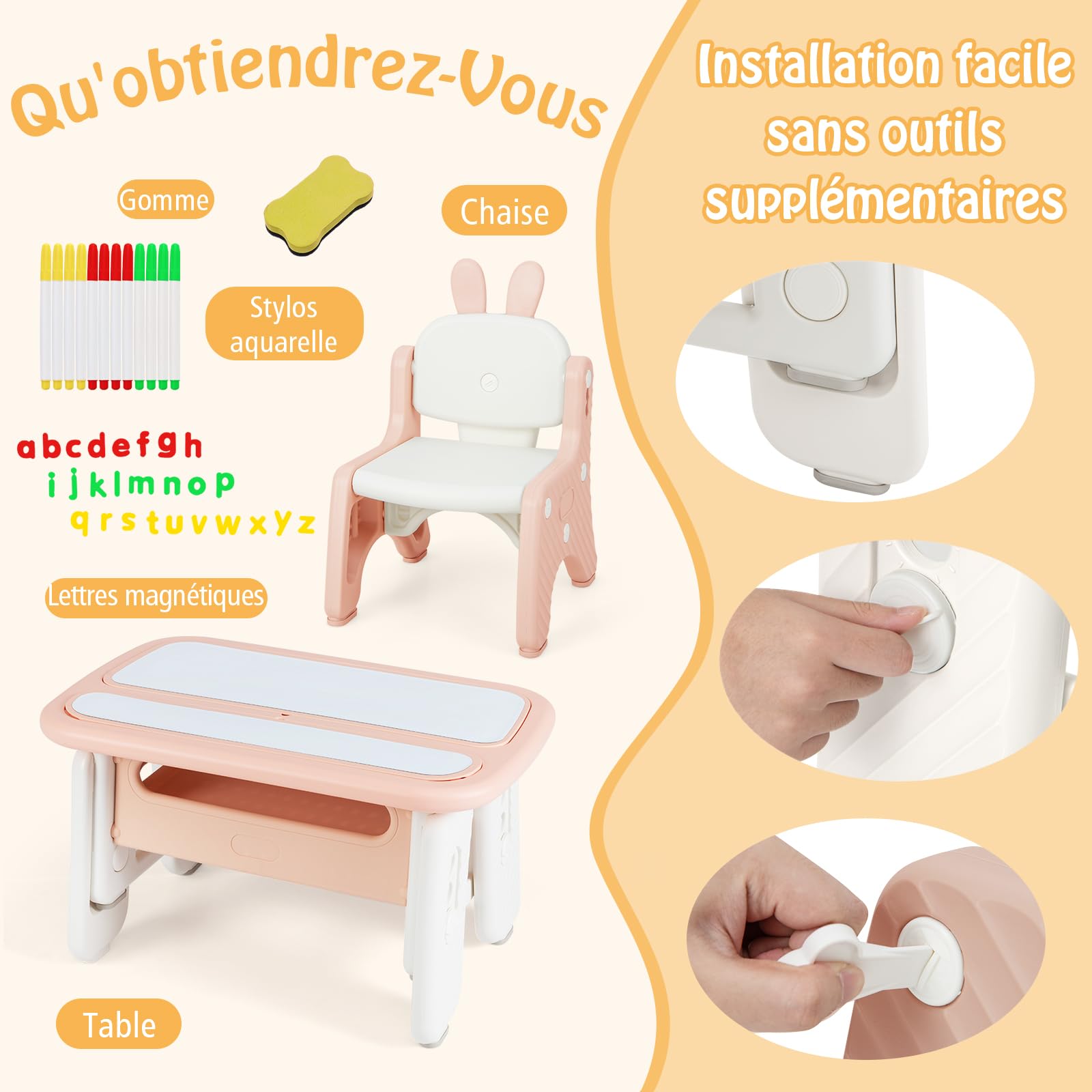 GOPLUS Table Enfant avec Chaise, Table de Dessin avec 2 Plateaux Réversibles, Tableaux Magnétiques, Panier de Rangement, Bureau d'Activités pour Lire, Dessiner, Manger (Rose)