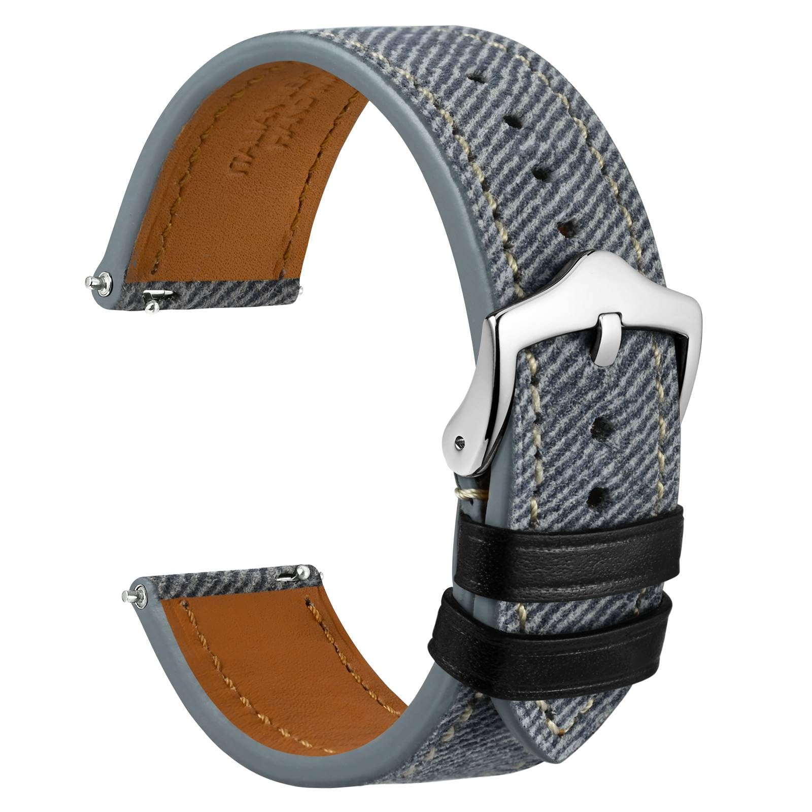 WOCCI Pasek do zegarka ze wzorem denimu, włoska skóra, klamra ze stali nierdzewnej, szerokość paska 18 mm 20 mm 22 mm