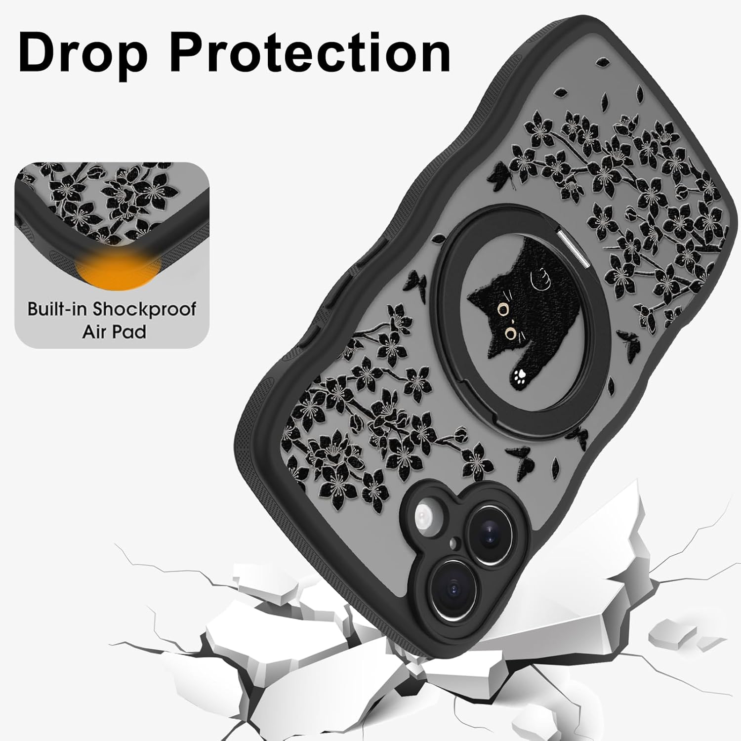 Wavy Case for iPhone 16 Case with Stand [Compatible with MagSafe] Cute Black Cat & Floral & Butterflies Pattern Design, Kawaii 360 Magnetic Ring Kickstand Phone Cover for Women Girls