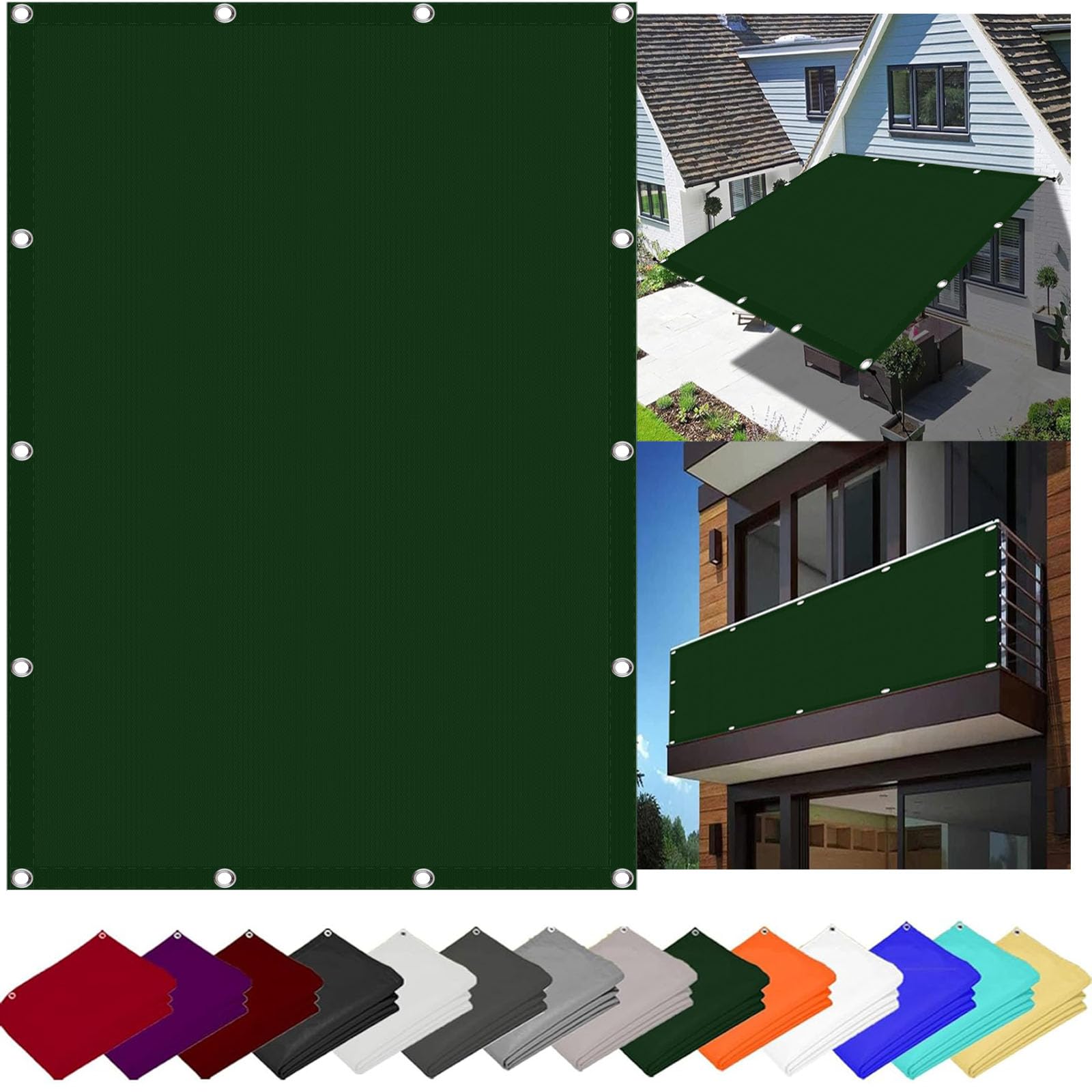 Voile d'ombrage rectangulaire 1.1x7m imperméable vert foncé avec cordons pour balcon et jardin