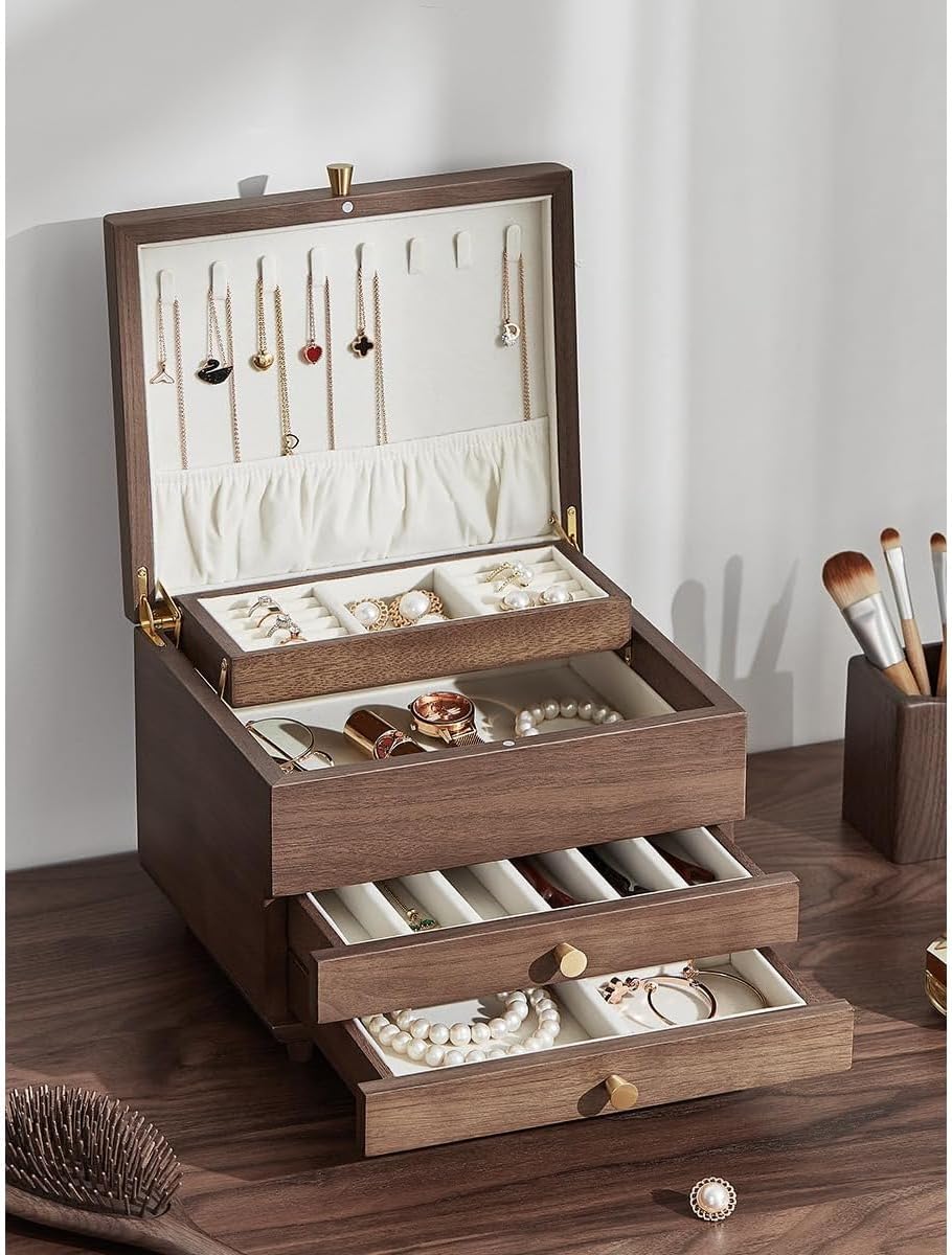 Qobvoeh木製ジュエリーボックス 4段 ジュエリーケース 高級 胡桃材 大人の女性のための 大容量 宝石箱 引き出し 4段 収納