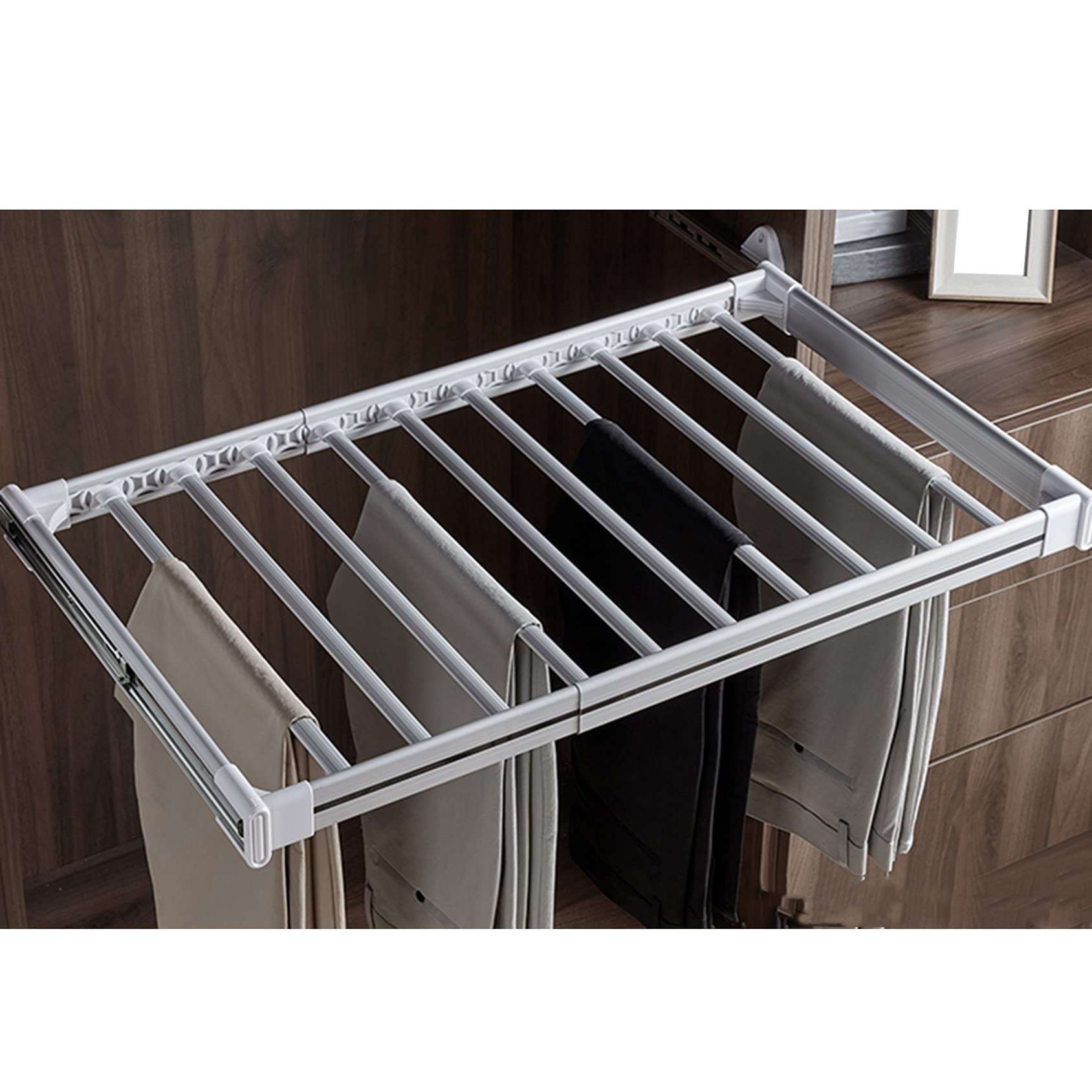 OLSKFUH Pull-Out Trouser Rack Removable Pull-Out Rack Wardrobe Storage Expandable Space Saving Drawer-Style Hanger Rod Rolling Trolley,Retractable Trousers Rack Pull Out Pants H,White-85