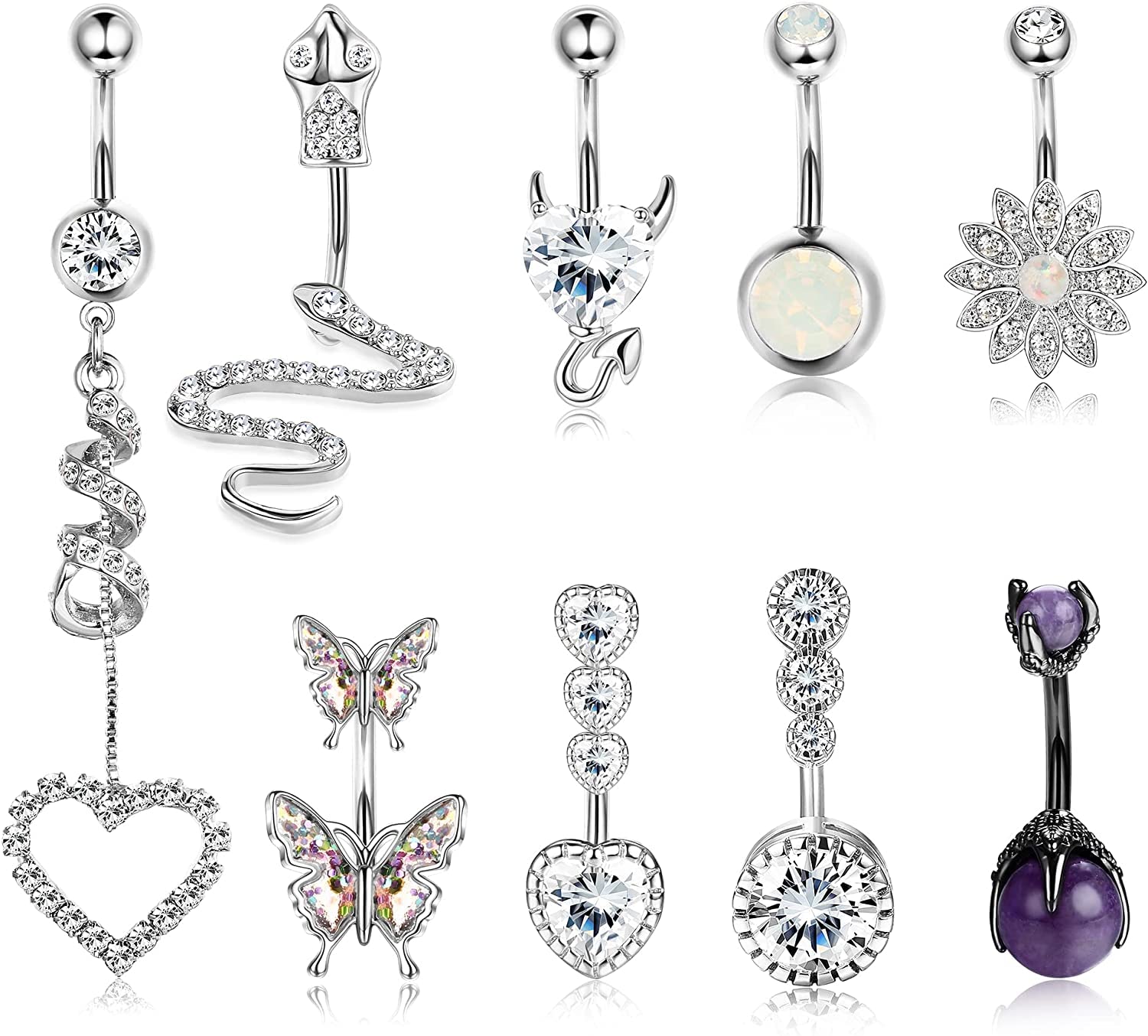 MILACOLATO9 Piezas Piercing Ombligo 14G Anillos de Ombligo Colgantes Para Mujer Acero Inoxidable Serpiente Dragón Garras Mariposa Diablo Corazón CZ Ombligo Anillo Barra Cuerpo Piecing Joyería