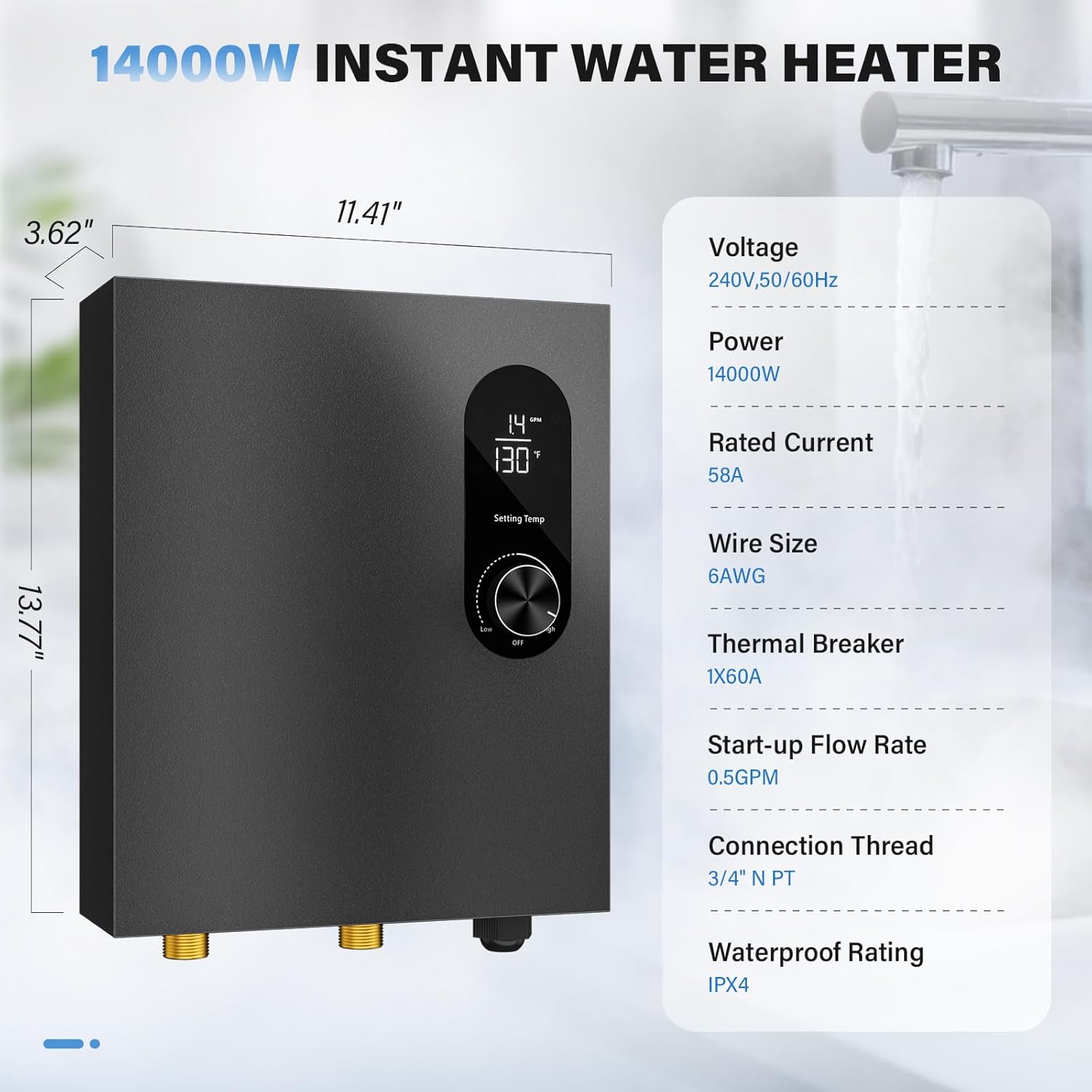 Tankless Water Heater Electric 14KW Instant Hot Water Heater Under Sink, Point of Use Water Heaters with Digital Display for Kitchen Bathroom