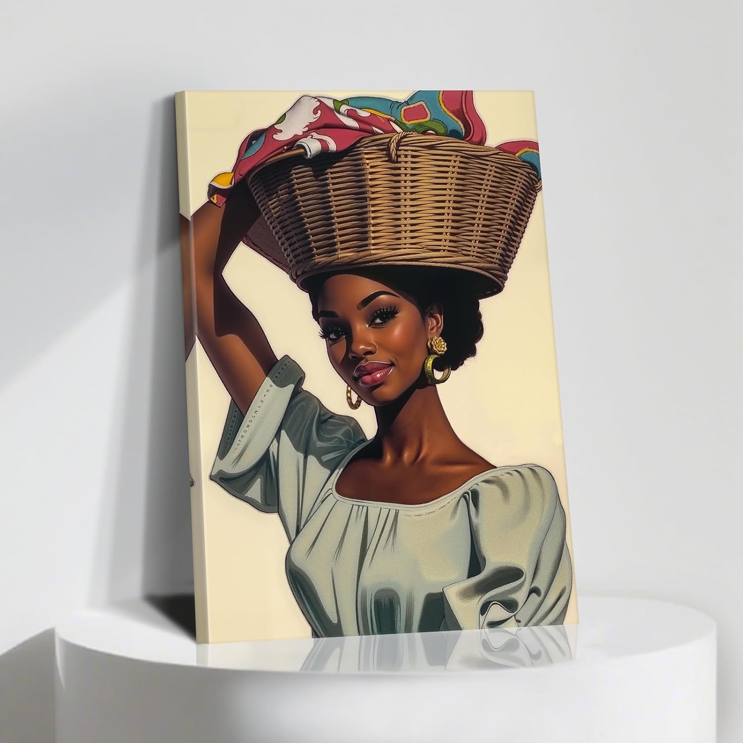 PLIDAAYO African Woman Canvas Wall Art Laundry Painting Farmhouse Portrait Print Picture Poster Ethnic Decor for Laundry Room Bathroom Home Ready to Hang(Por-01,24"x36")