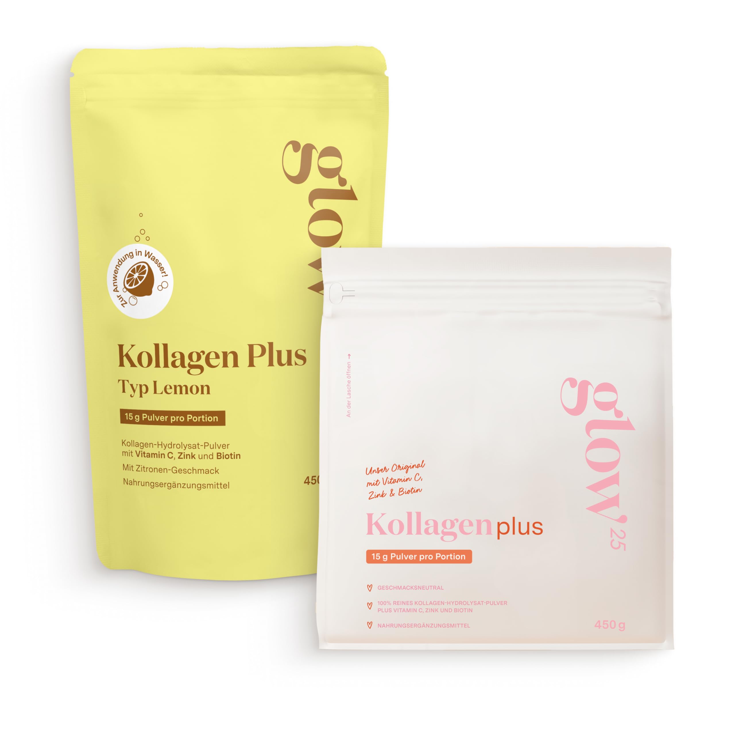 Glow25® Kollagen Plus & Kollagen Plus Lemon Set [2x 450g] – Kollagen Hydrolysat mit Vitamin C, Zink und Biotin – Neutral & Zitrone – Peptide Typ 1 und 3