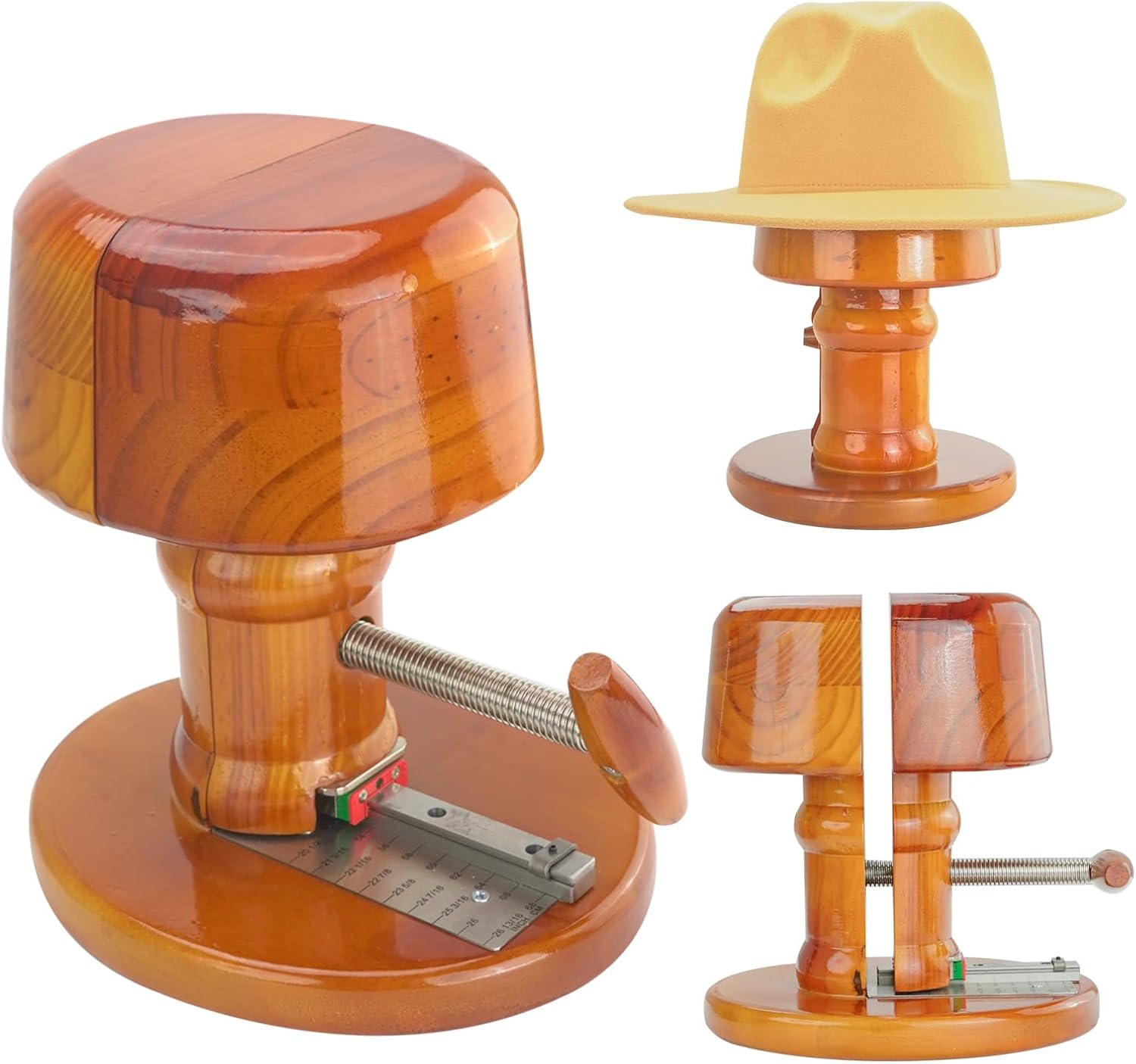 Premium Adjustable Wooden Hat Sizer Stretcher for Cowboy & Fedora – External Rotation Handle, Solid Wood Hat Expander with Metal Scale（Brown）