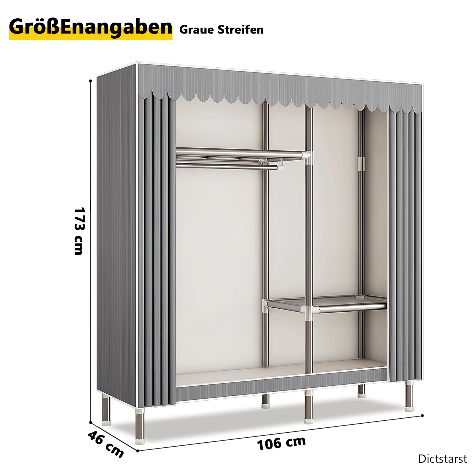 Kleiderschrank Stoffschrank Stabil Mit Kleiderstange & Ablagen, Kleideraufbewahrung, Stoff Faltschrank Für Schlafzimmer, Gelenke Aus Legiertem Stahl, Kleiderständer Mit Schiebetüren(graue)