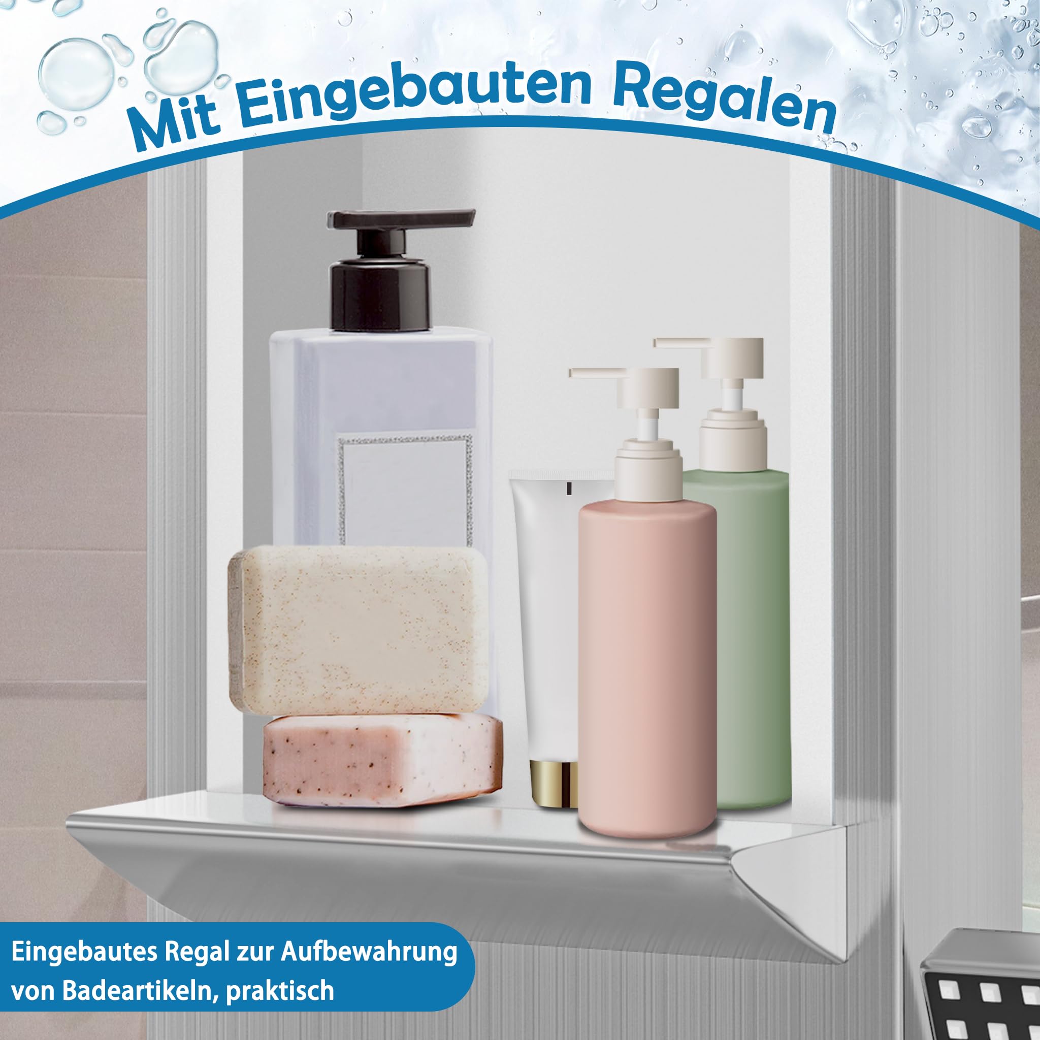 Aufun Panneau de douche en acier inoxydable avec étagère et robinet, colonne de douche 5 fonctions, pluie et brouillard, 4 jets de massage grand angle réglables, douchette et bec de baignoire cascade