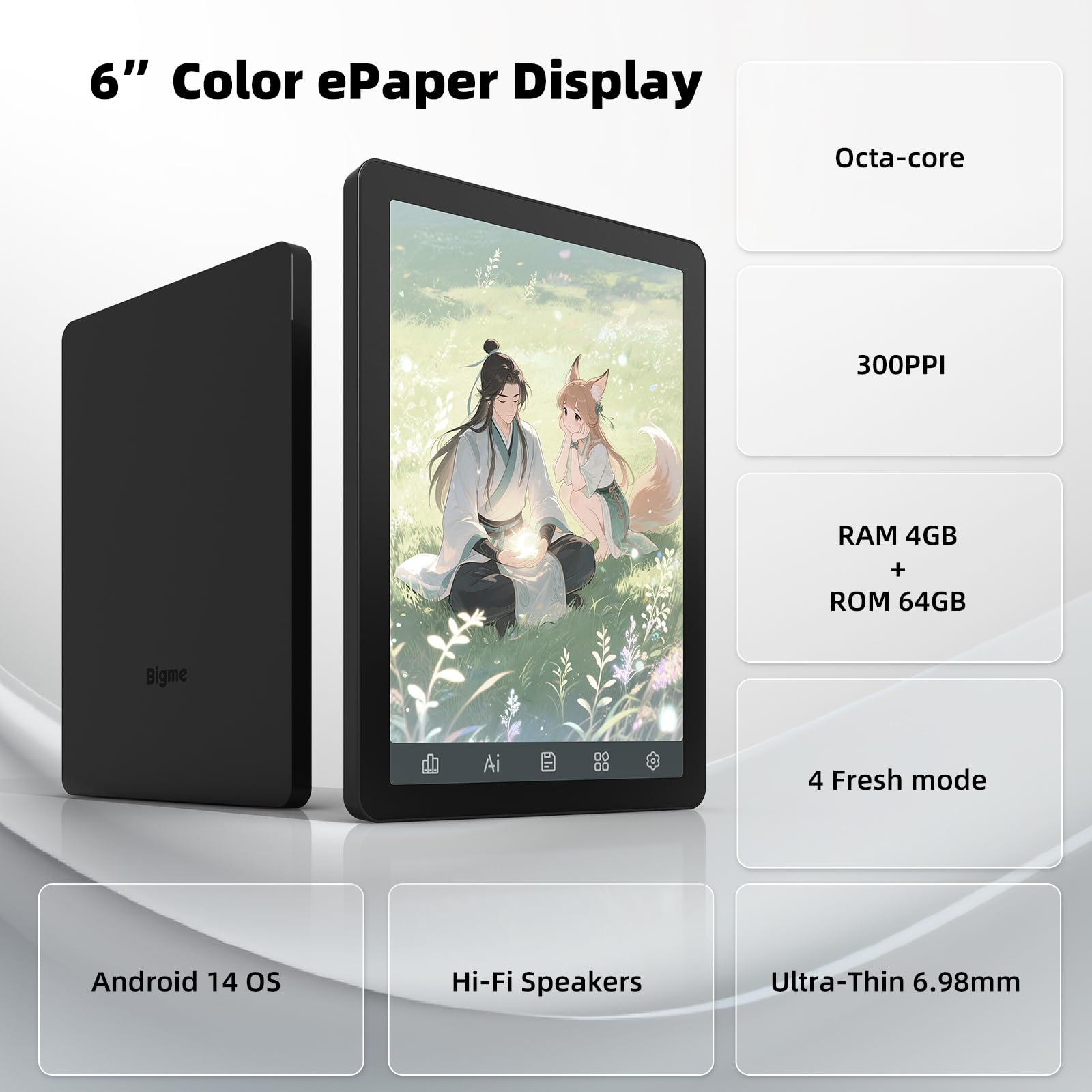 Bigme B6 - Tablette Électronique Android 14 6 Pouces Couleur - E-Reader avec 4 Go de RAM et 64 Go de Stockage - Design Léger et Portable pour La Lecture et Les Applications Multimédia - Noir