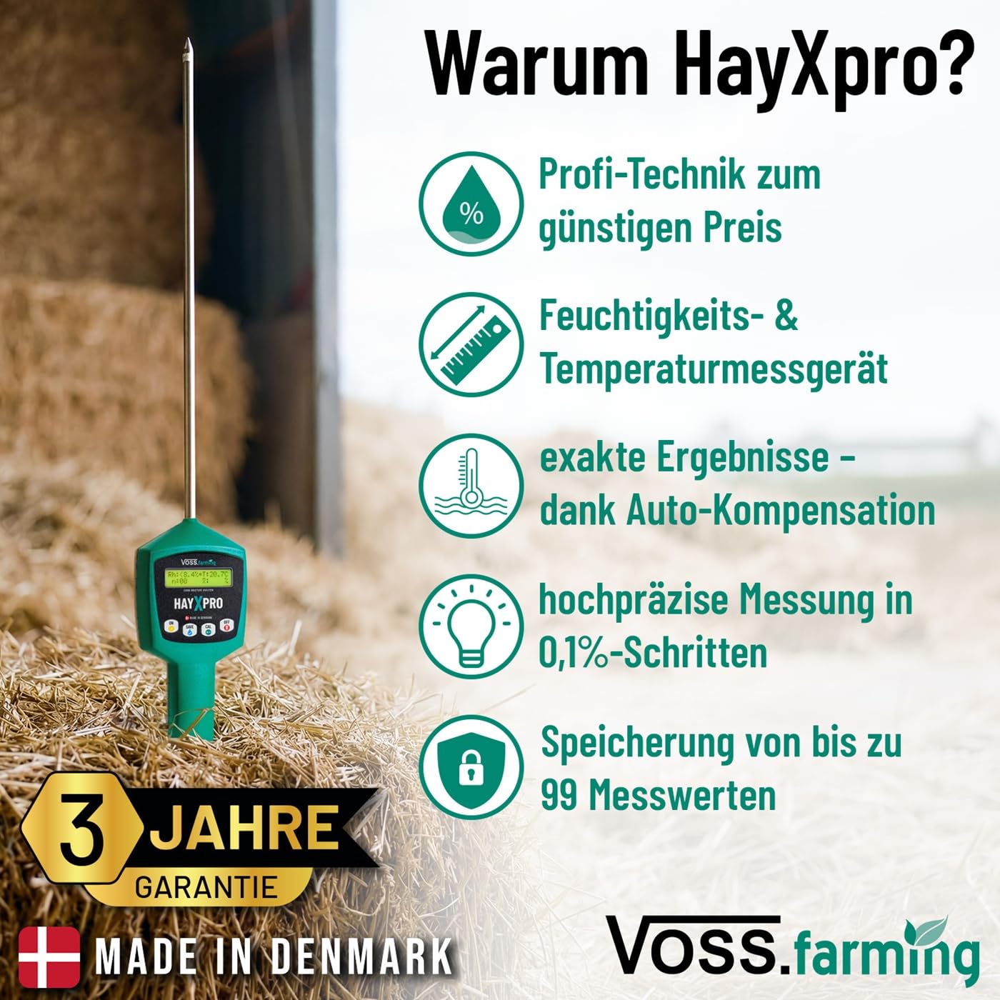 VOSS.farming HayXpro Feuchtigkeitsmessgerät für Heu, Stroh und Silage, Heufeuchtemesser, 50cm Sonde, 8,5-80%, Feuchtigkeitskontrolle, Temperaturkontrolle