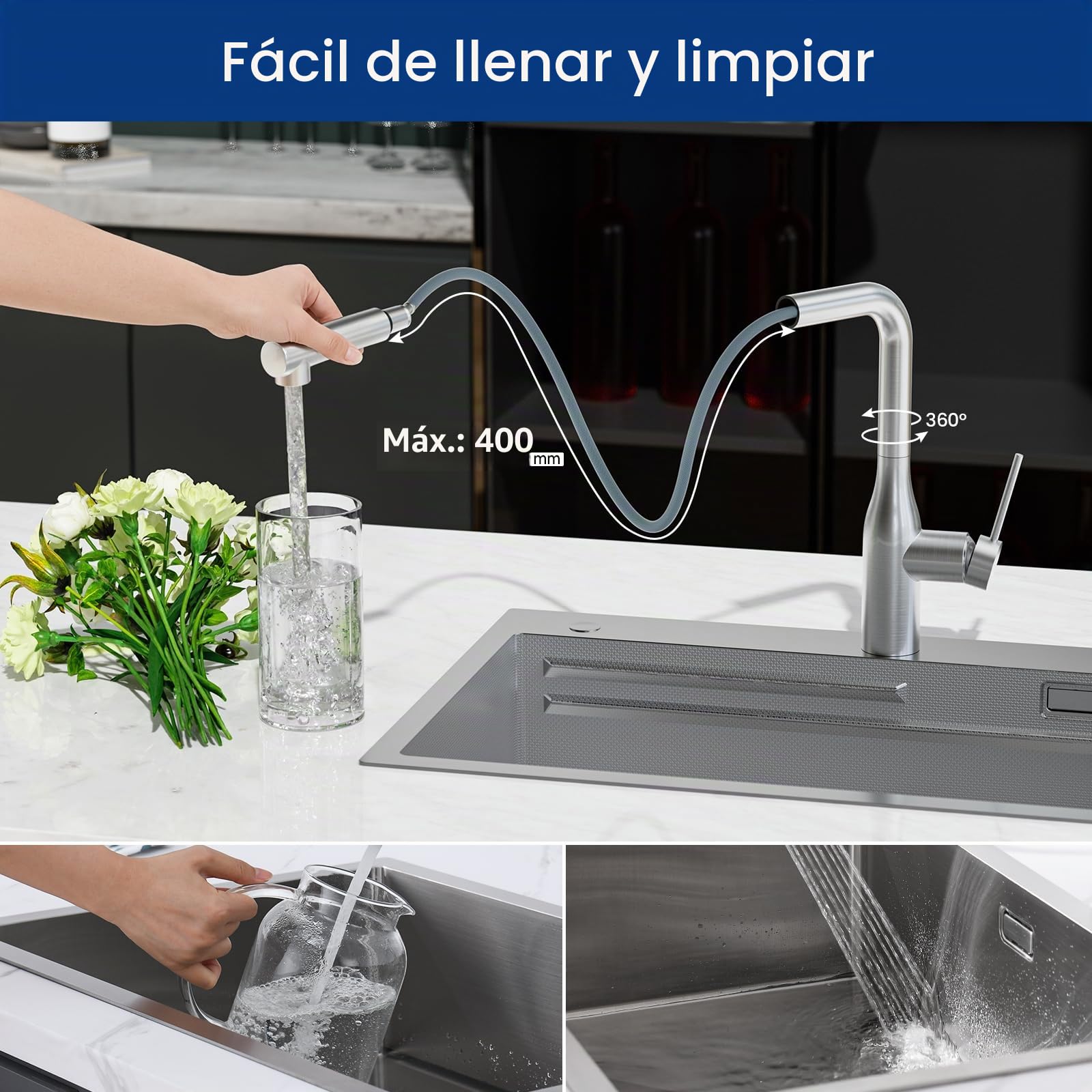 CECIPA Grifo de cocina extraíble, grifo de cocina de alta presión en acero inoxidable, giratorio 360°, robusto y sin fugas, instalación fácil, grifo mezclador con ducha extraíble para fregadero