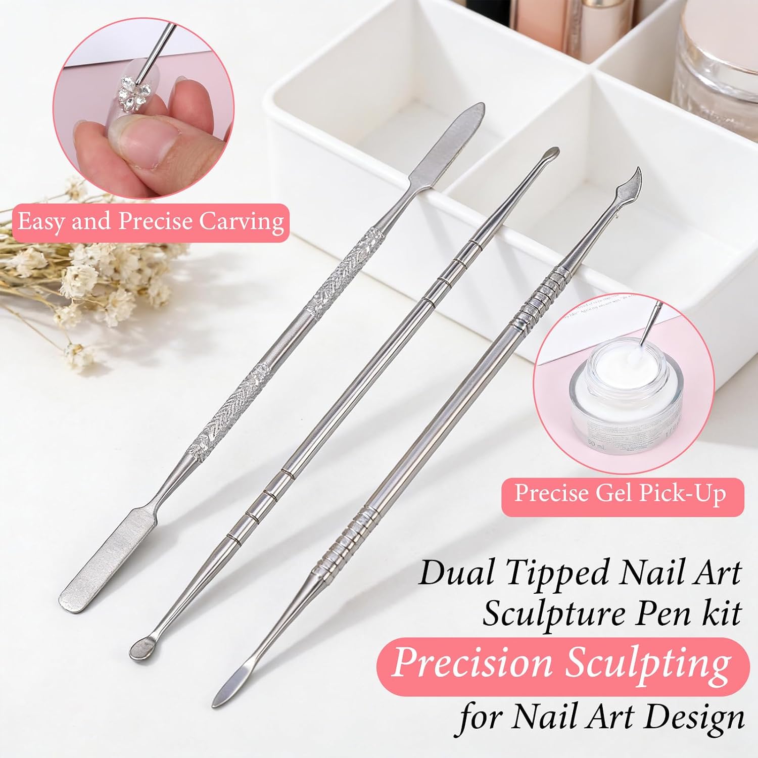 LXUEJIE 3Pcs Carving Tool, Nail Sculpting Tools, 3D Gel Nail Art Tool Makeup Spatula Tools, Clay Carving for Modeling Sculpting, Home DIY, Makeup Cosmetics Mixing