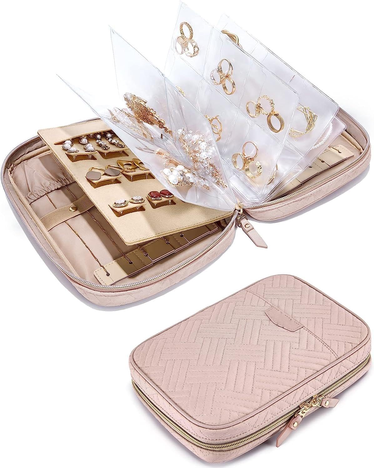 SZYYQSZYYQ Jewelry Travel Organizer, Jewelry Case, Transparent Jewelry Storage, Book Ring Binder Jewelry Bags Clear Booklet Zipper Pouch Bag for Necklaces, Earrings, Rings, Bracelets (Pink)