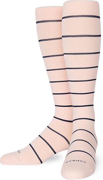 Comrad Nylon Knee High Socks - 20-30mmHg Firm Compression Socks, Rose/Navy Stripe, Medium Wide Calf - Soft & Breathable Support Socks for Men, Pregnant Women, Nurses, Workout, Home, Work & Travel