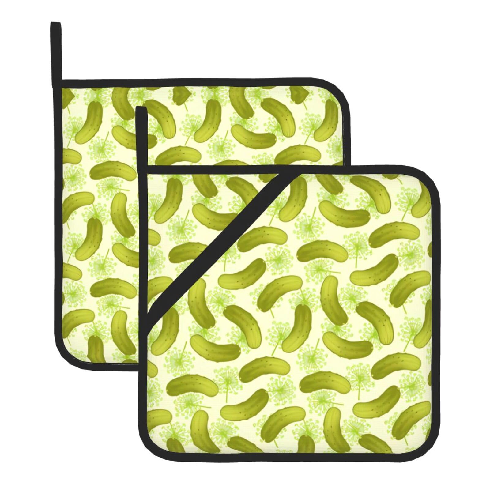 YYHWHJDE Sushi Dill Pickles Prints Square Hot Pads for Kitchen Counter - Waterproof Pot Holders with Hanging Loop, Durable Trivets for Microwave Oven - 2 Pack