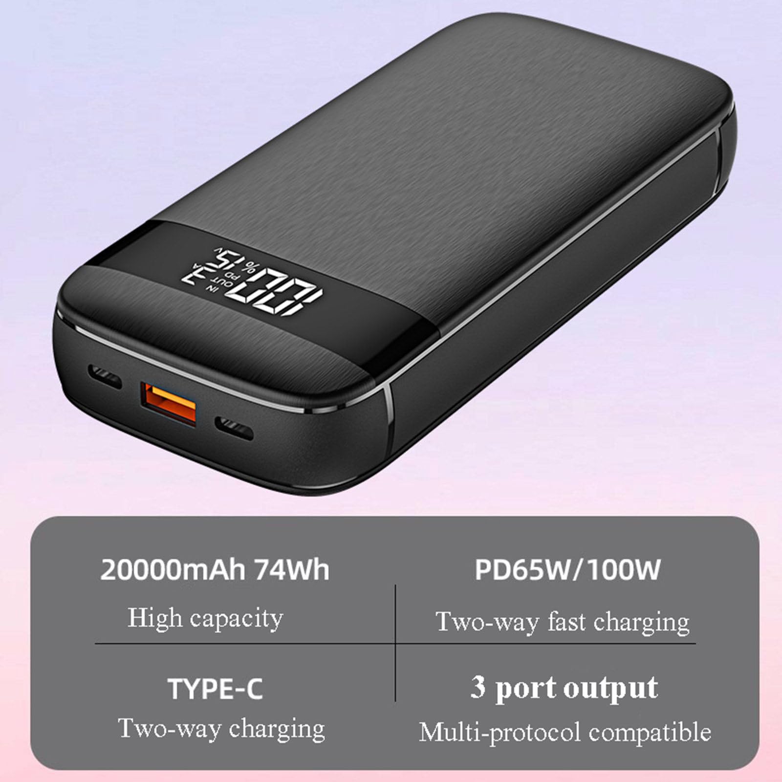 Power Bank a Ricarica Rapida PD100W 20000 mAh Portatile di Grande capacità Adatto per caricare Laptop, telefoni cellulari e Tablet,Black