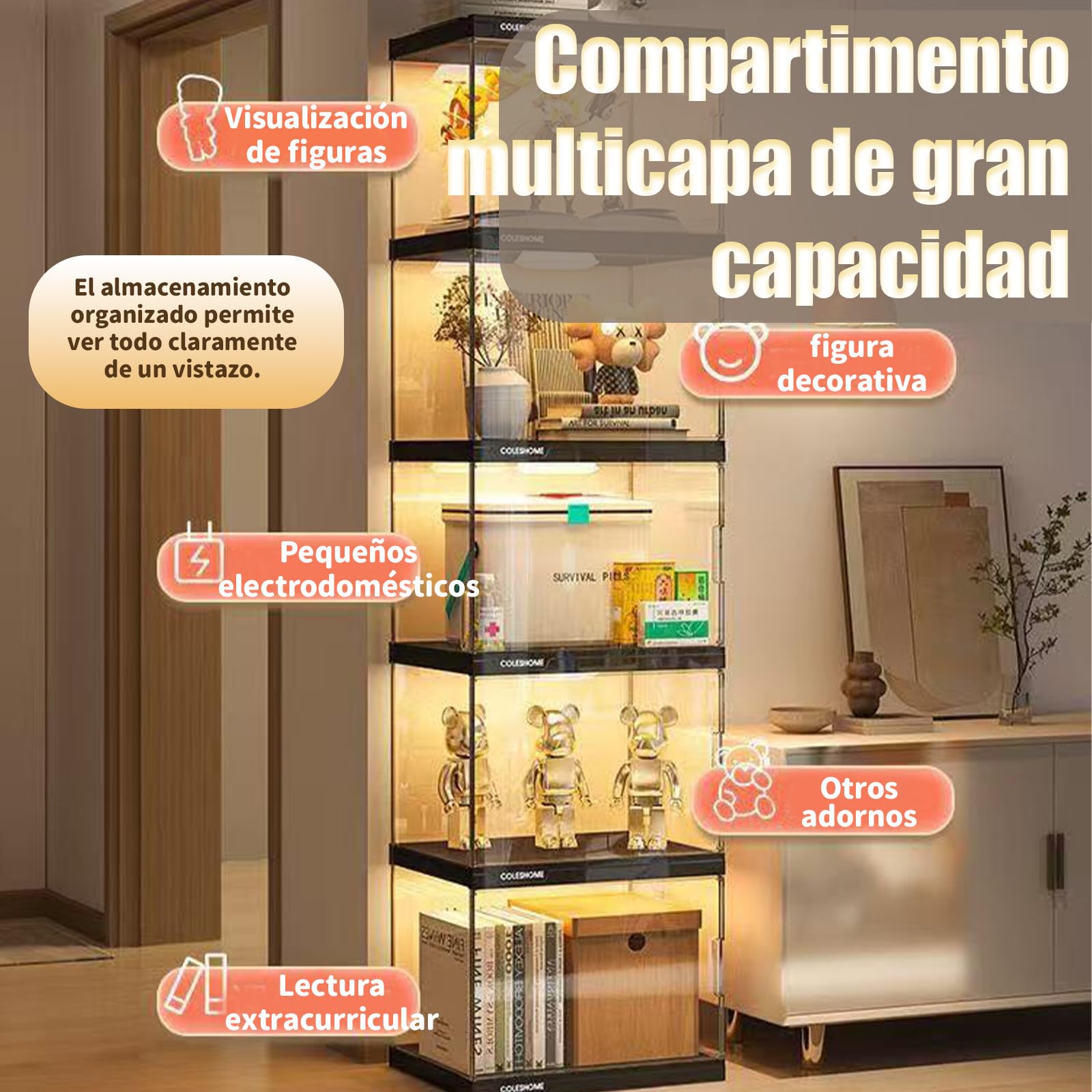 Vitrina de acrílico, Vitrina Cristal con Puerta Magnética,Organizador de Juguetes coleccionables, LED, para Dormitorio, rincón de Lectura, habitación de niños, 6niveles: L×W×H:40*33*184cm