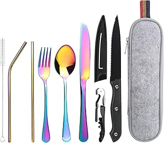 Reisebesteck Camping Besteck To Go, 9-Teilig Edelstahl Besteck mit Bestecktasche, Tragbare Campingbesteck, Camping Cutlery Set, (Bunt)