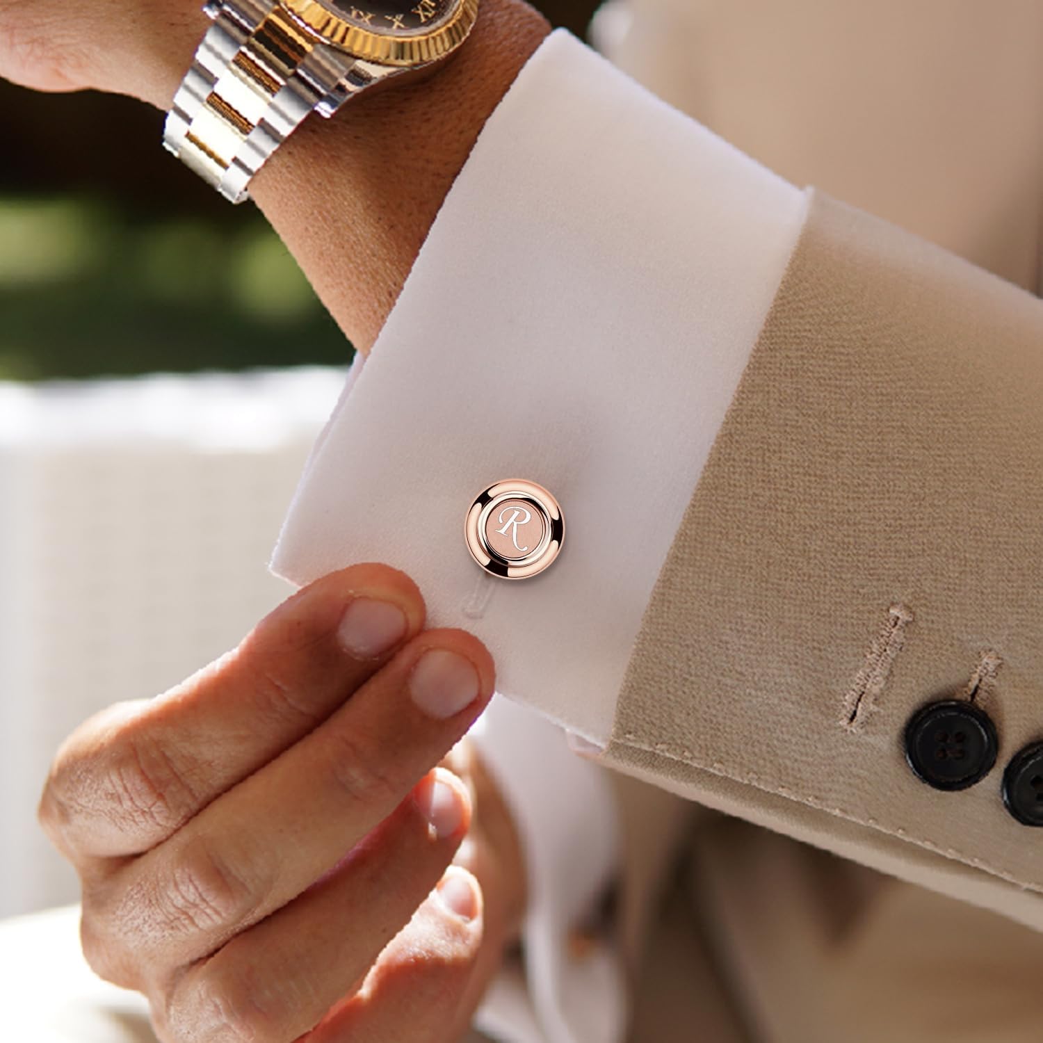 AMITER Mens Cufflinks with Initial A-Z, Classic 26 Letters Cuff Links for Men Business Wedding Shirts - 3 Pairs (Silver + Black + Rose Gold) - Image 3