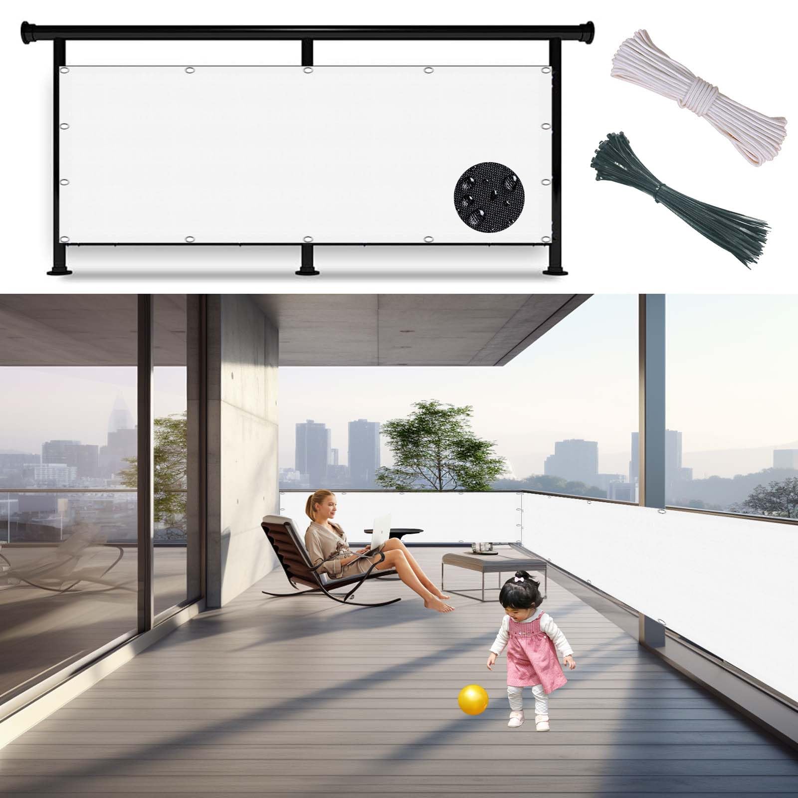 Bâche de protection de l'intimité pour balcon blanche 130x750cm avec cordes et attaches