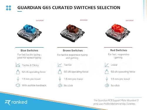 Ranked G65 Guardian 65% | Low Profile | Telaio in Alluminio | Hot Swap | 69 Tasti RGB | Cavo USB | Per Mac, PC Windows | QWERTY ISO UK (Nero, Gateron Low Profile Blue) - 6