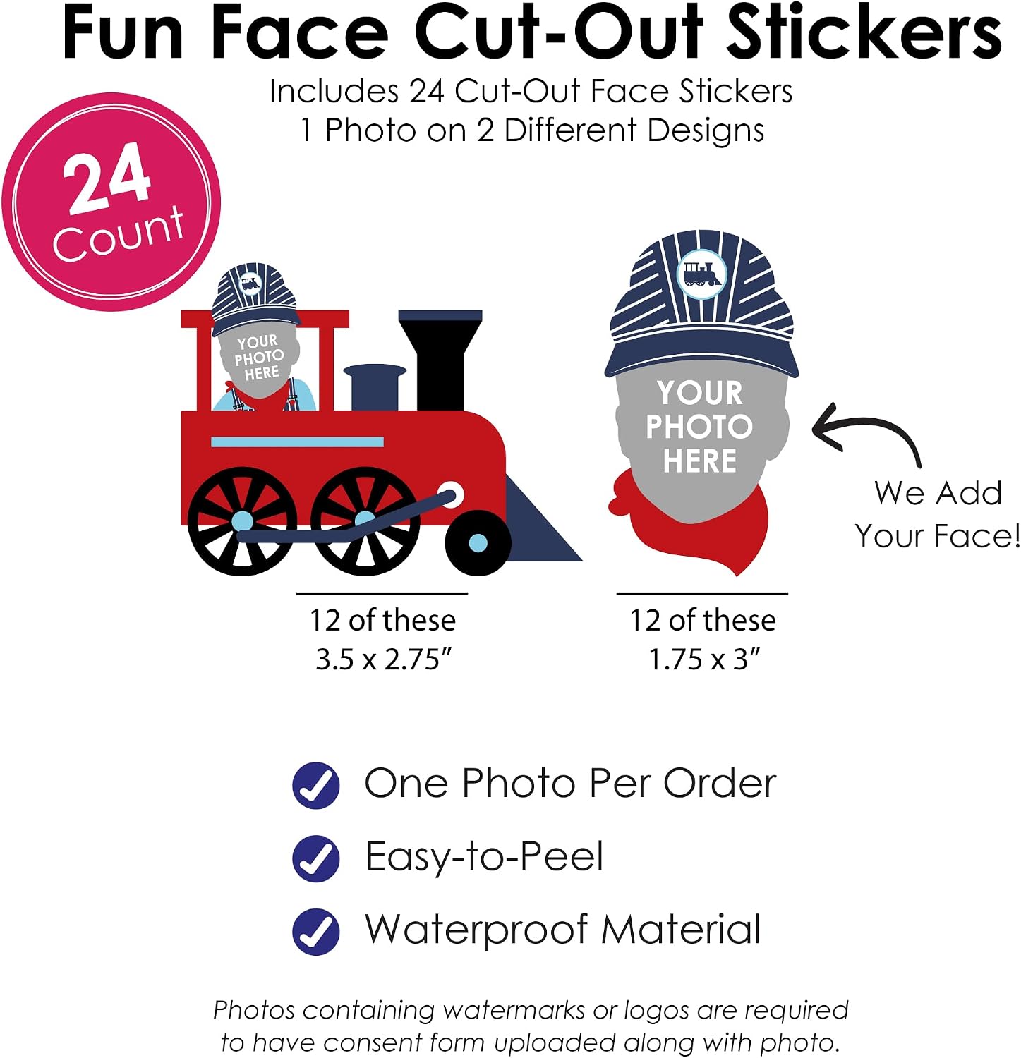 Big Dot of Happiness Custom Photo Railroad Party Crossing - Steam Train Birthday Party Favors - Fun Face Cut-Out Stickers - Set of 24