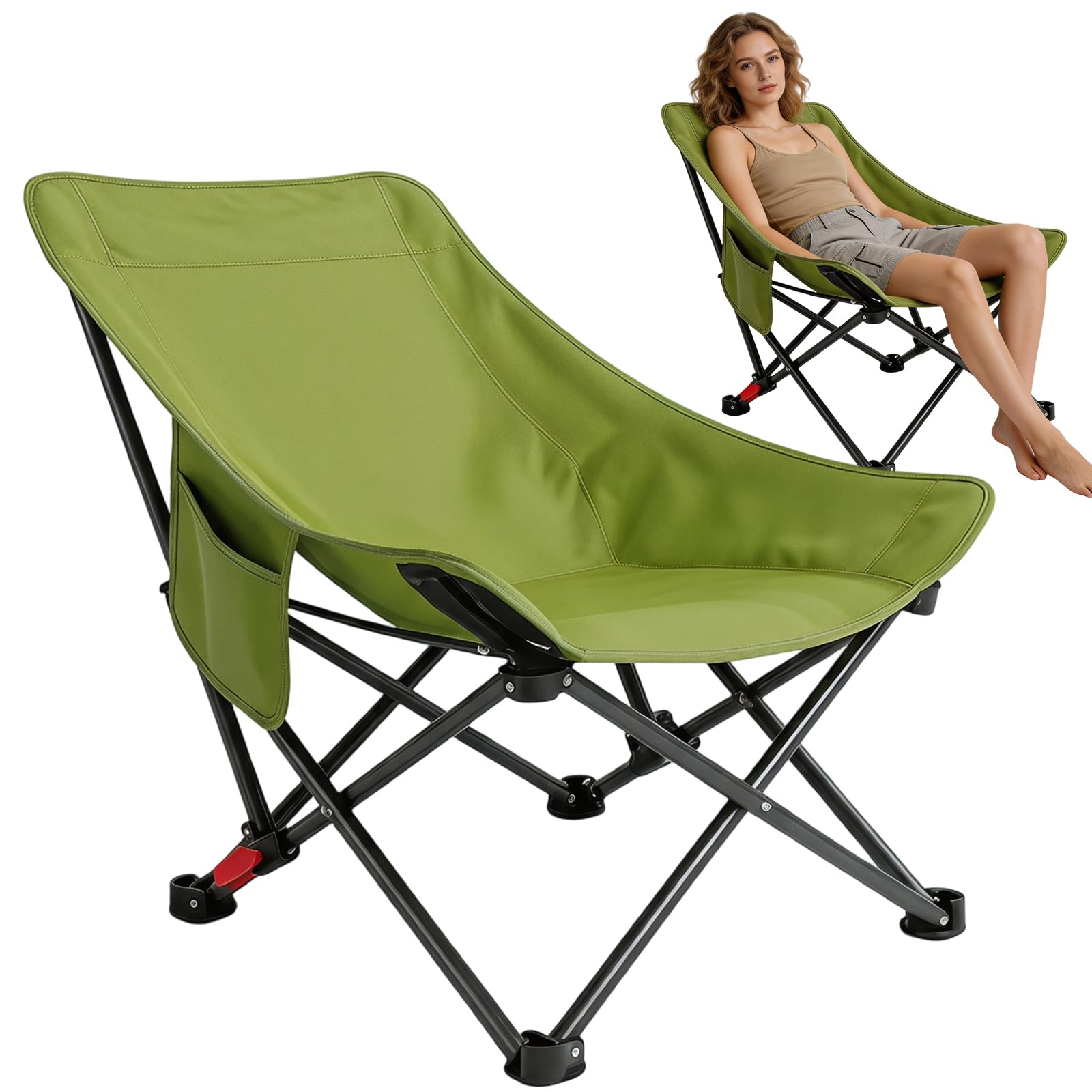 Sedia da campeggio pieghevole con schienale alto, 120 kg, ultraleggera, portatile, con 2 tasche laterali, sedia pieghevole con schienale alto, per esterni, escursionismo, picnic (verde invernale)