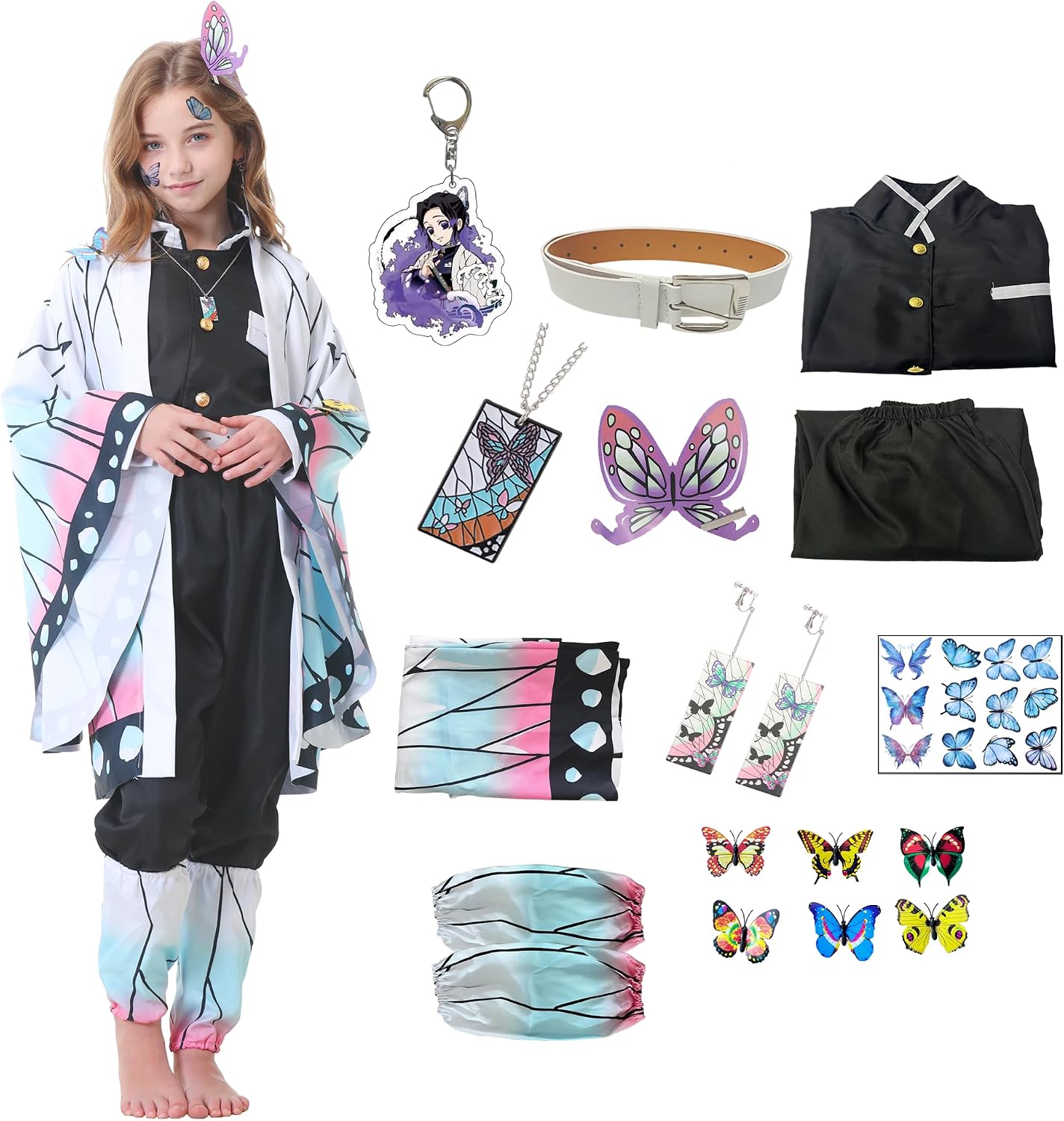 Kids Girls Cosplay Kimono Costume Japanese Suit Halloween Anime Outfit Butterfly Kimono Robe Set