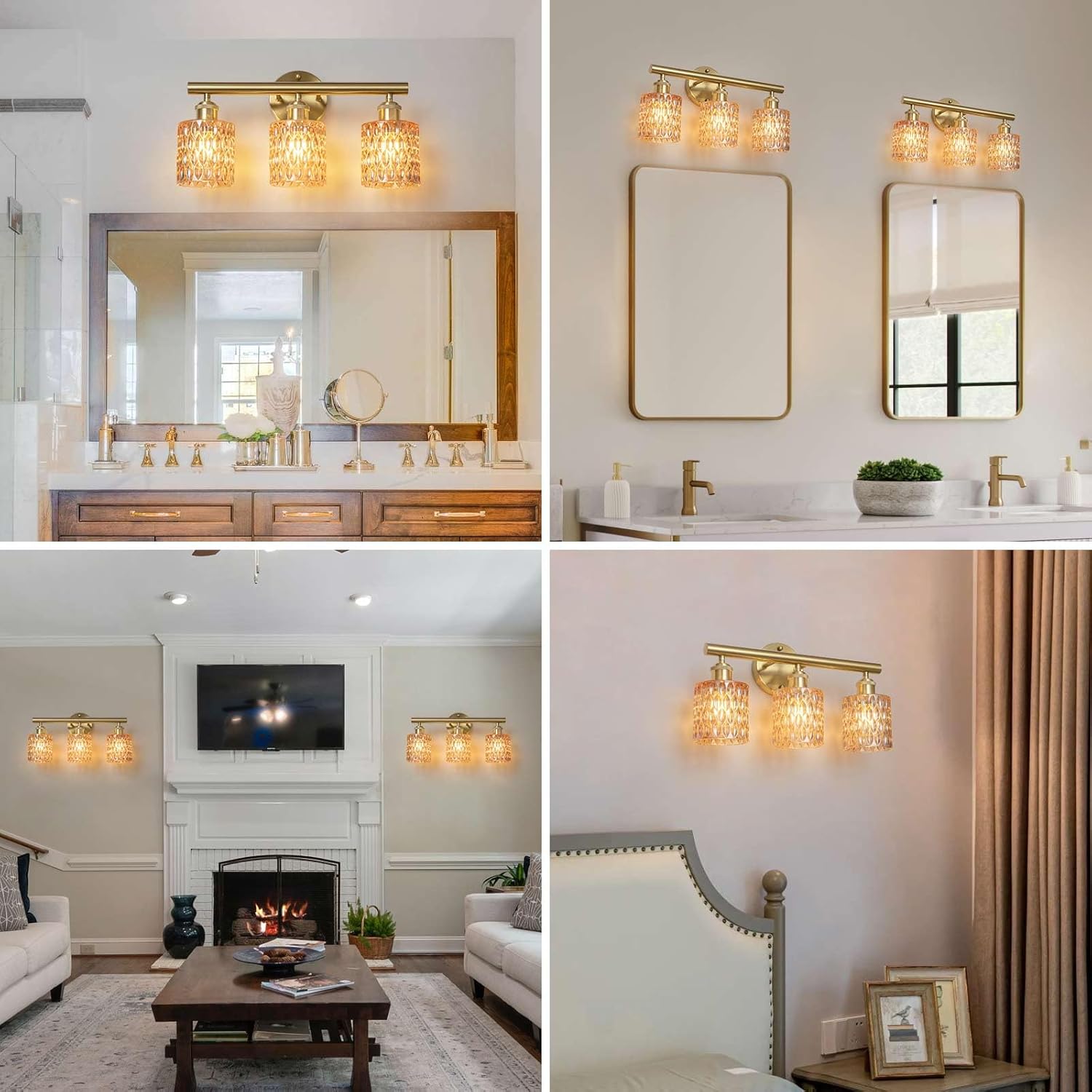 Bathroom Vanity Light, Gold Wall Fixture Over Mirror, Amber Glass Shade Lighting with Bulbs Included for Bedroom & Living Room,3-Lights