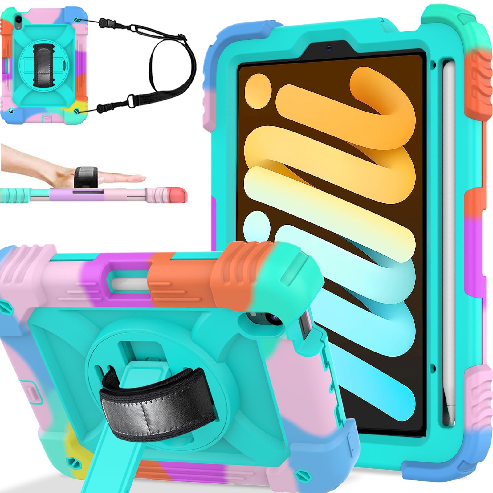 Photo 1 of BMOUO iPad Mini 6 Case, iPad Mini 6th Generation Case, iPad Mini 6 Case 2021, Rugged Shockproof [360 Rotating Stand] [Hand Strap] [Pencil Holder] Kids Case for iPad Mini 6 8.3 inch 2021- Turquoise